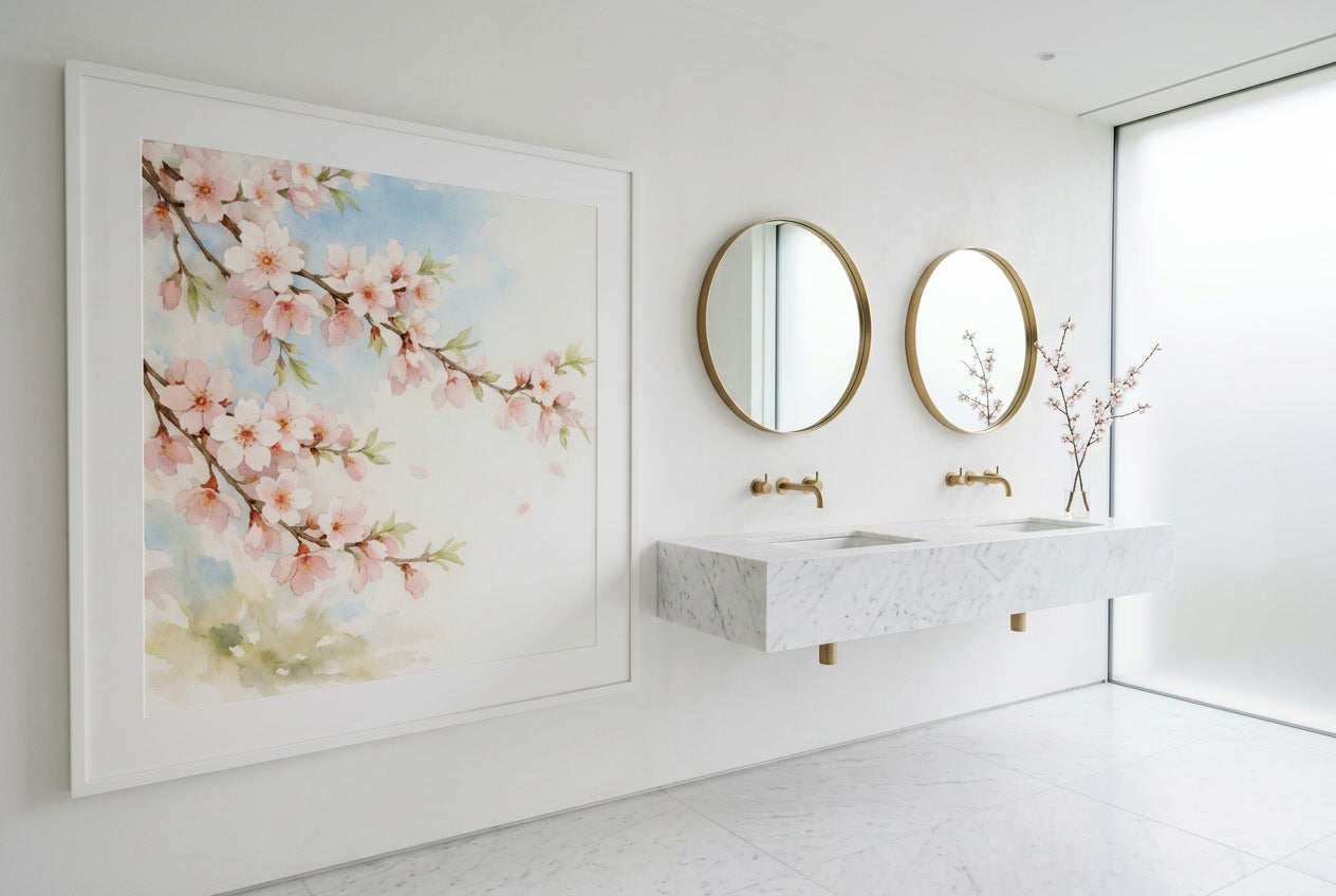 almond blossom waatercolor in a bathroom