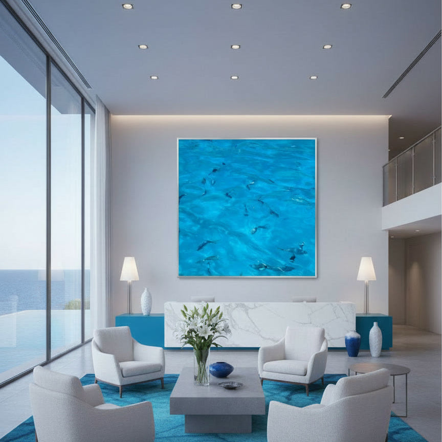 Baunei Liquid Crystal turquoise water photograph displayed in luxury hotel lobby with white armchairs - Sensorial Atelier