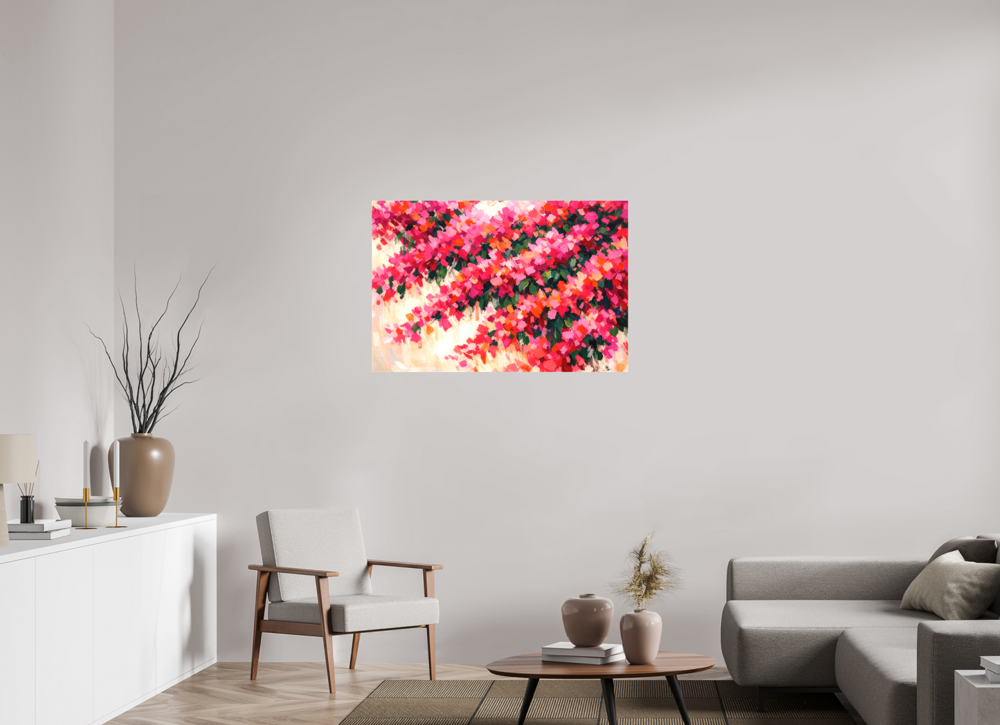Bougainvillea | White Wall Cascade- Cascading bougainvillea in magenta coral and pink over a whitewashed wall in broad expressive brushwork in Living Room
