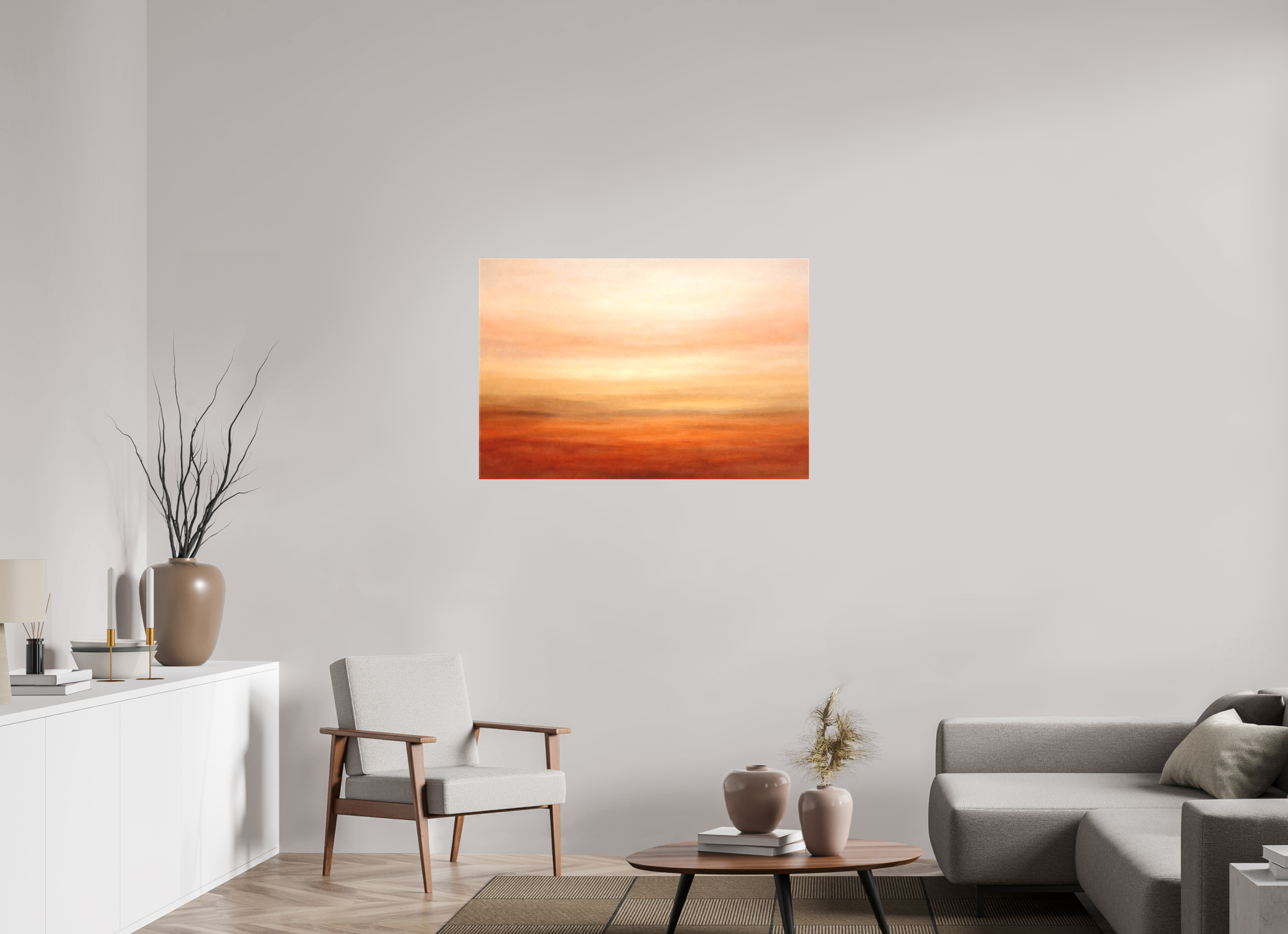 Clay Dust is a monochromatic abstract landscape in living room. Horizons Collection by Sensorial Atelier. .