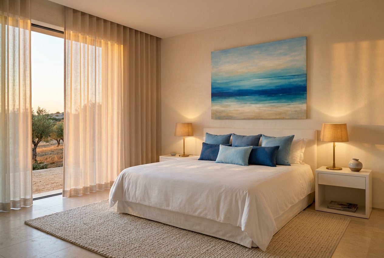 deep blue shore displayed in a luxury bedroom setting — Calm Spaces collection by Sensorial Atelier
