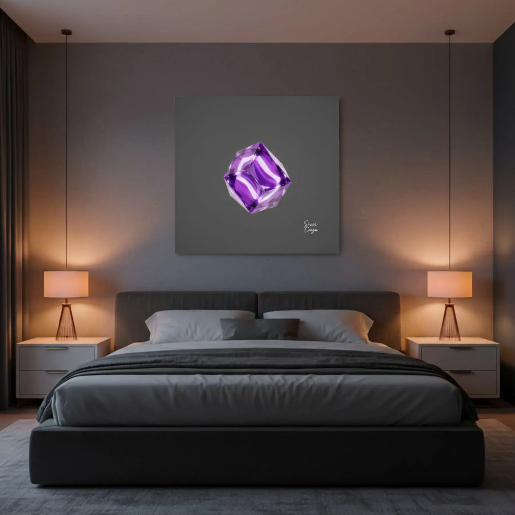 Energize Amethyst limited edition abstract canvas in a calm bedroom, enhancing rest, peace, and higher awareness.