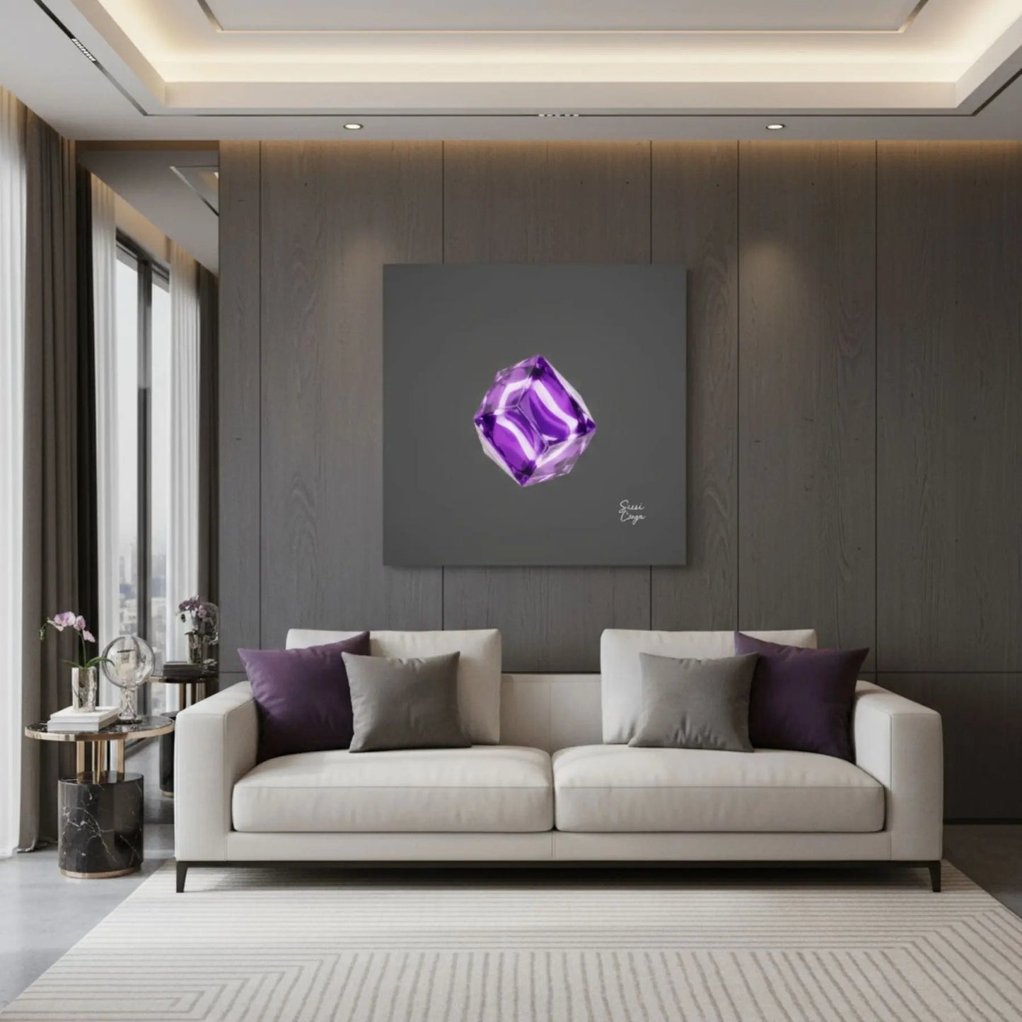 Energize Amethyst limited edition canvas in a bright living room, abstract art symbolizing wisdom and calm energy.