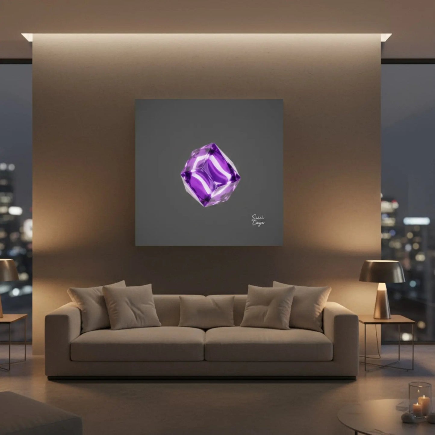 Energize Amethyst limited edition canvas artwork in a cozy night setting, radiating spiritual depth and inner balance.