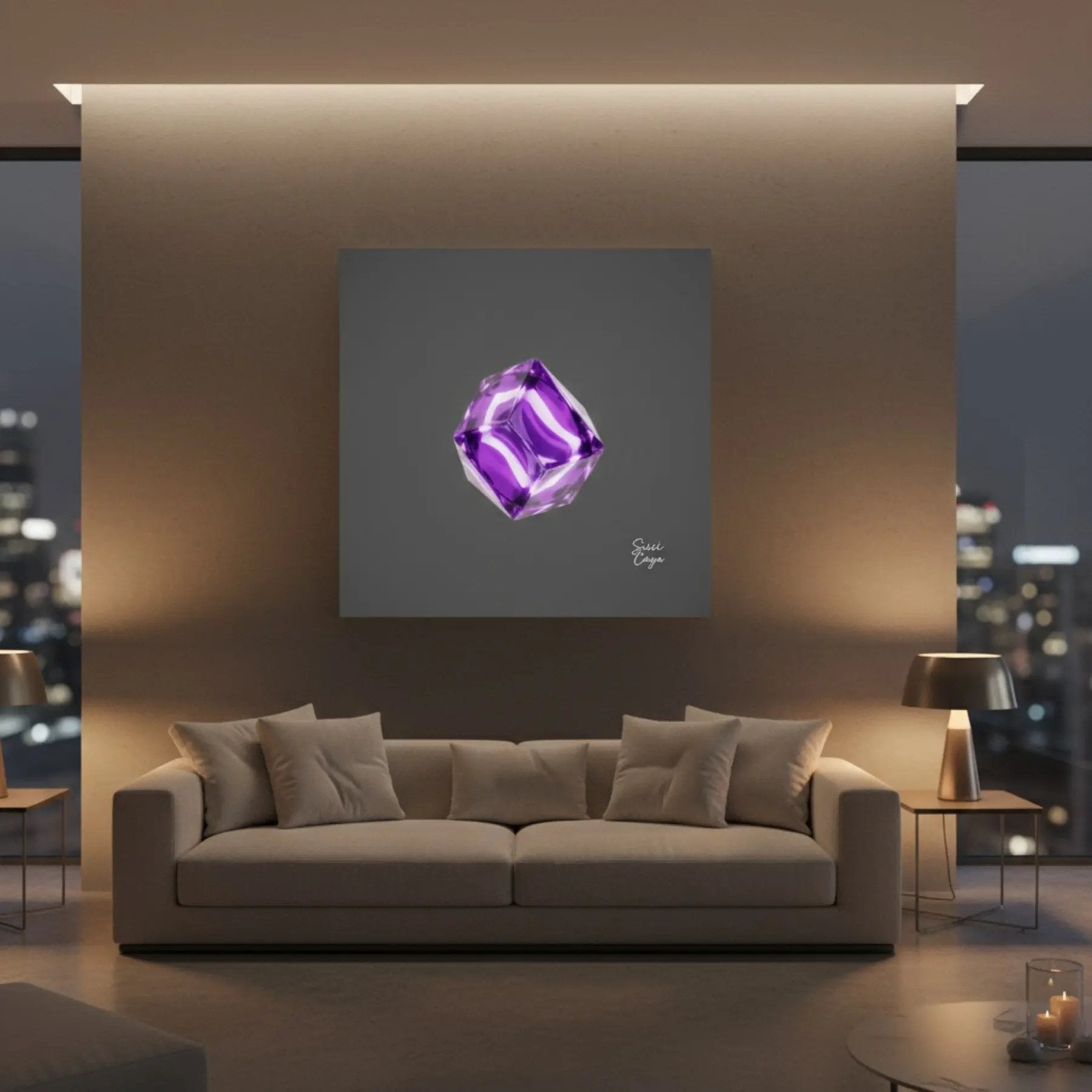 Energize Amethyst limited edition canvas artwork in a cozy night setting, radiating spiritual depth and inner balance.