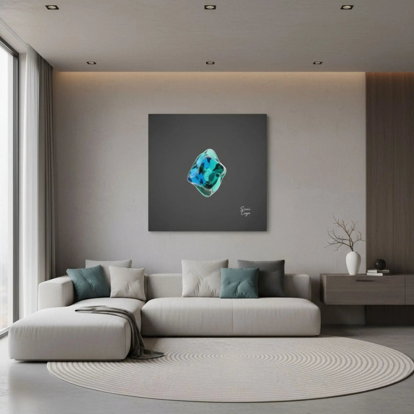 Energize Apatite limited edition canvas in a bright living room, radiating clarity and creative energy.