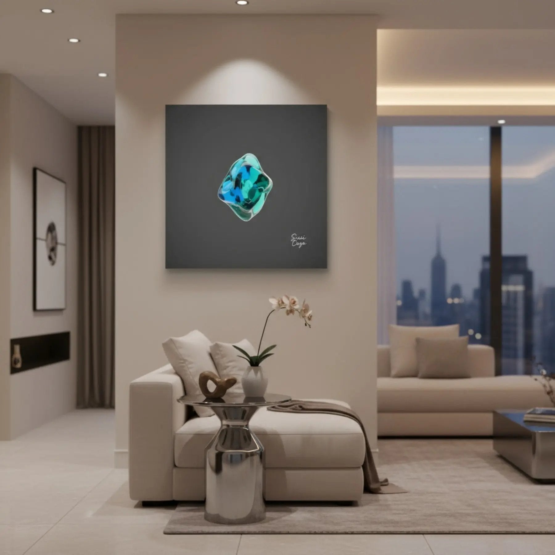 Energize Apatite limited edition canvas in a cozy night setting, abstract art evoking inspiration and calm focus.