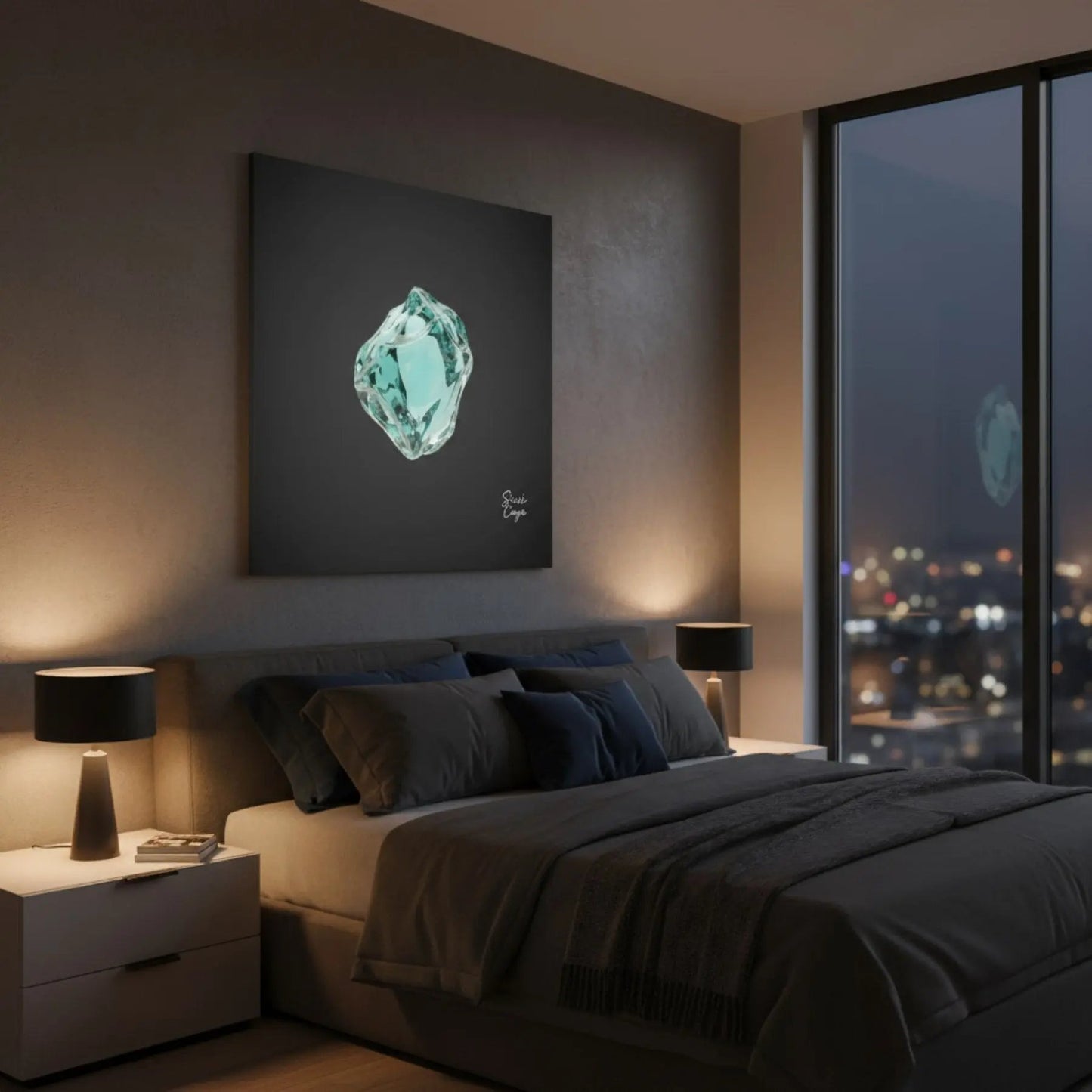 Energize  Aquamarine canvas Wall art in a serene bedroom, promoting focus, clarity, and peaceful determination. Limited Editions Sensorial Atelier