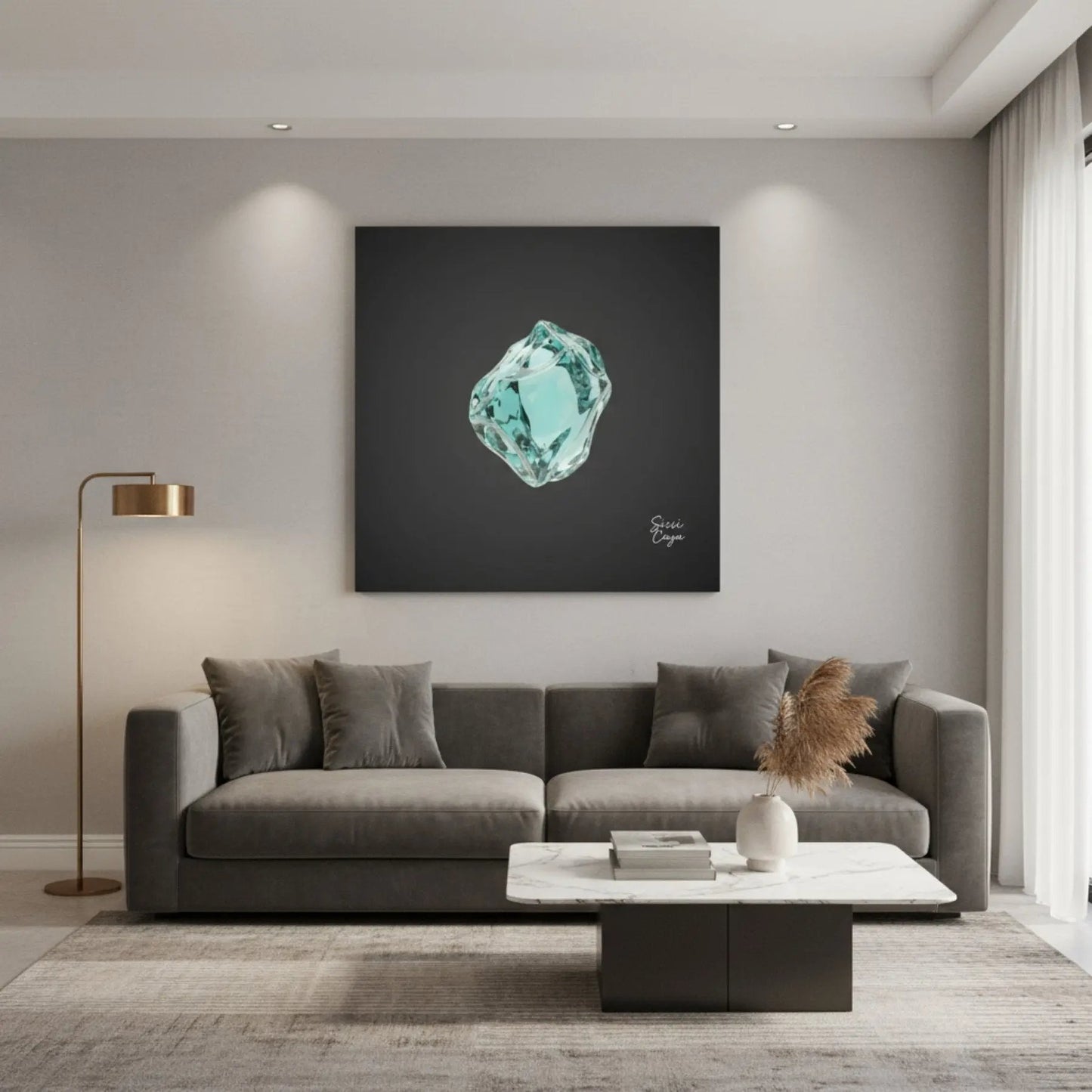 Energize Aquamarine canvas displayed in a cozy living room, radiating calmness and courage through its fluid hues.Sensorial Art. Limited editions