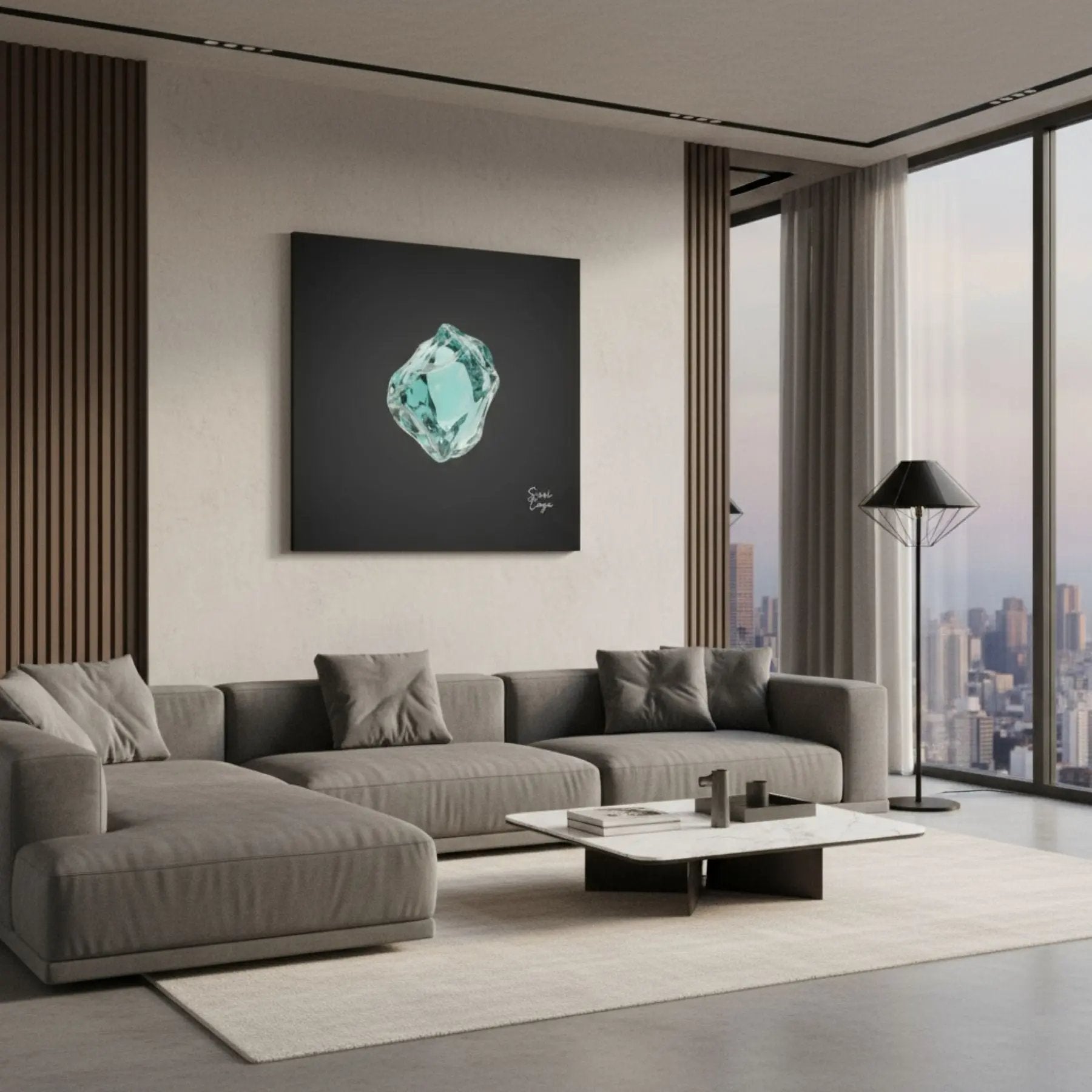 Aquamarine canvas Wall Art highlighting smooth texture and ocean-inspired reflections in a modern Living room. Sensorial art. Limited Editions