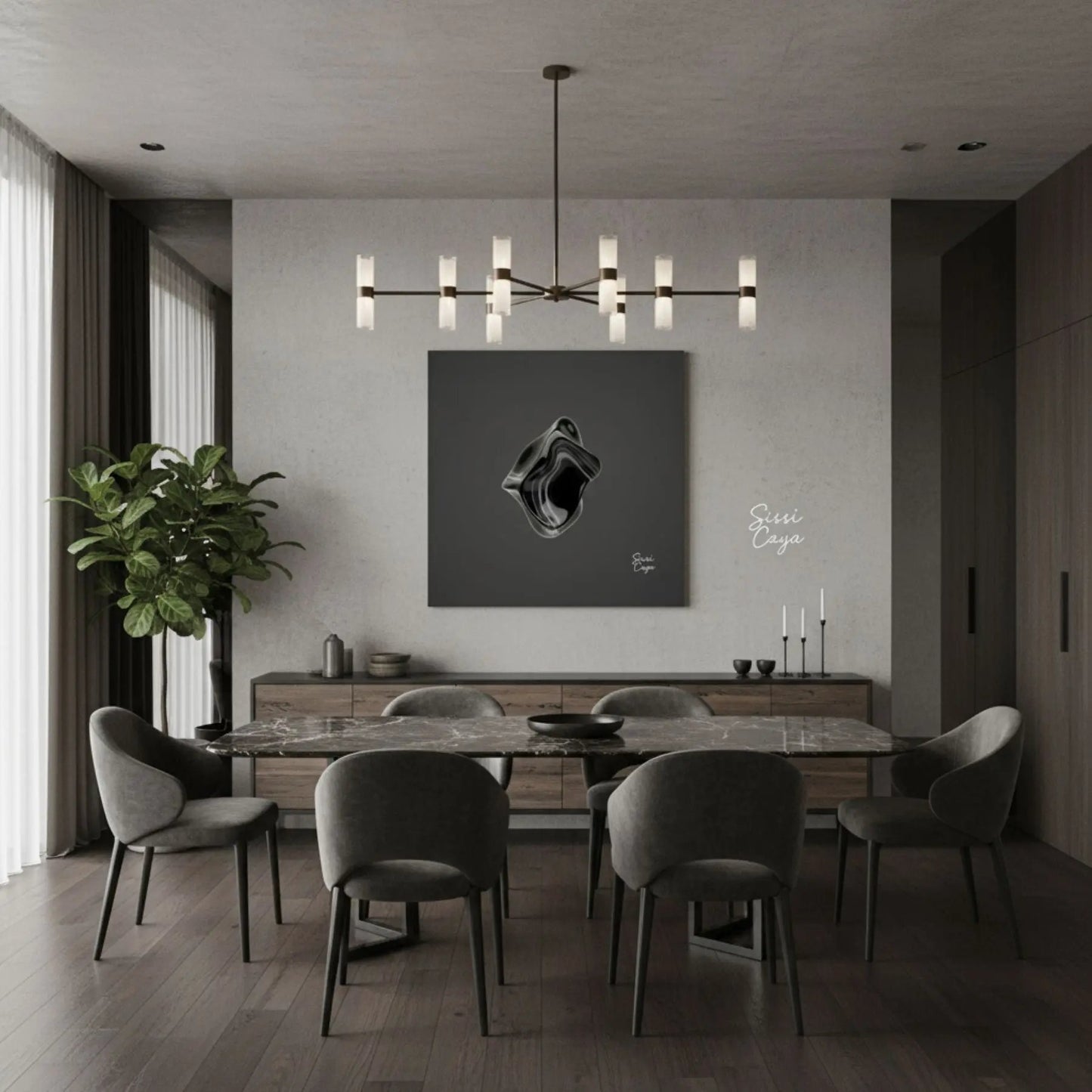 Energize — Black Onyx canvas in a modern dinning room, creating a grounded and powerful atmosphere.