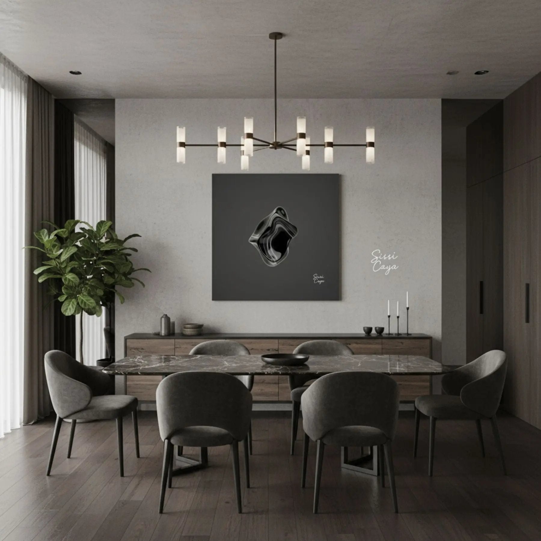 Energize — Black Onyx canvas in a modern dinning room, creating a grounded and powerful atmosphere.
