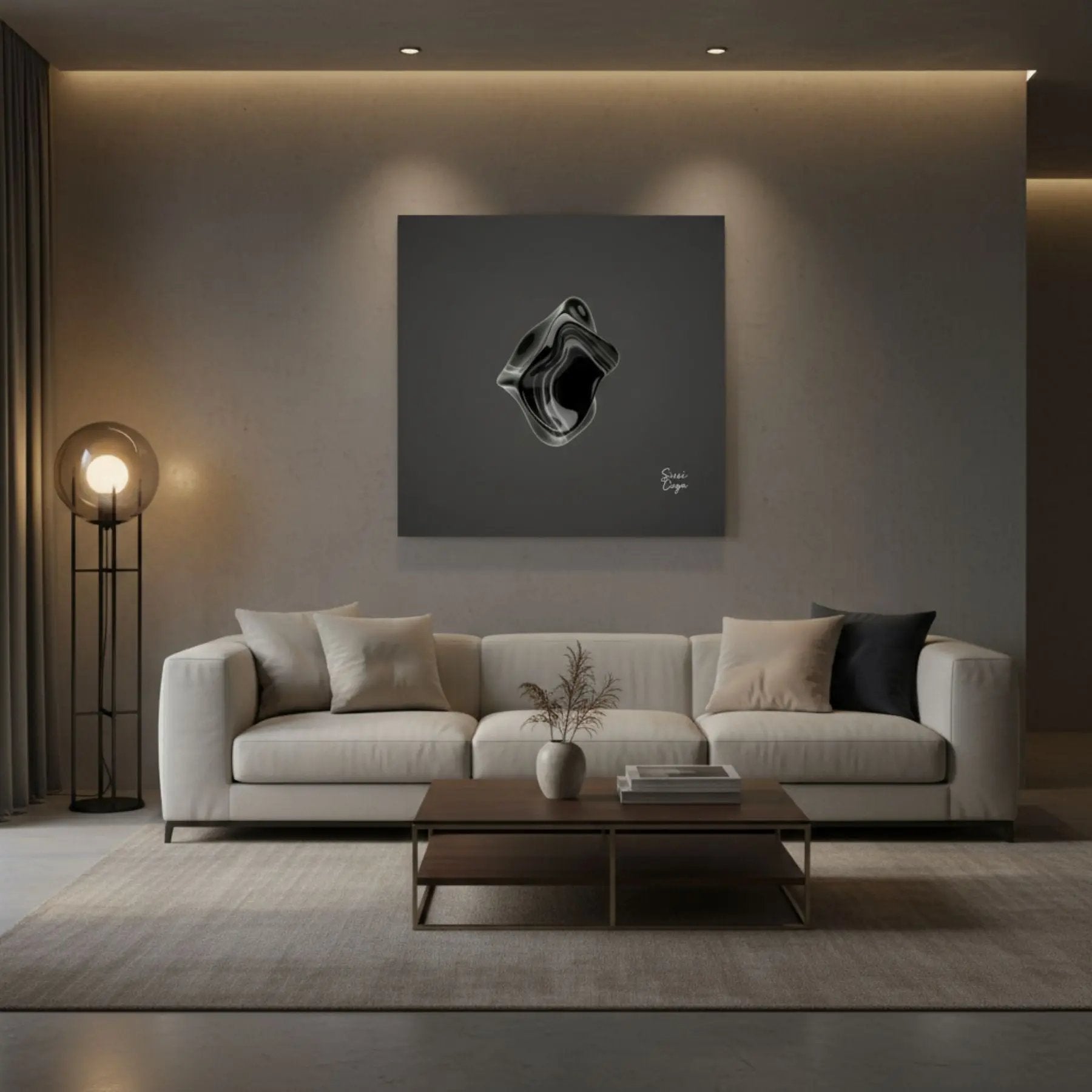 Energize — Black Onyx canvas in a modern living room at night, creating a grounded and powerful atmosphere.