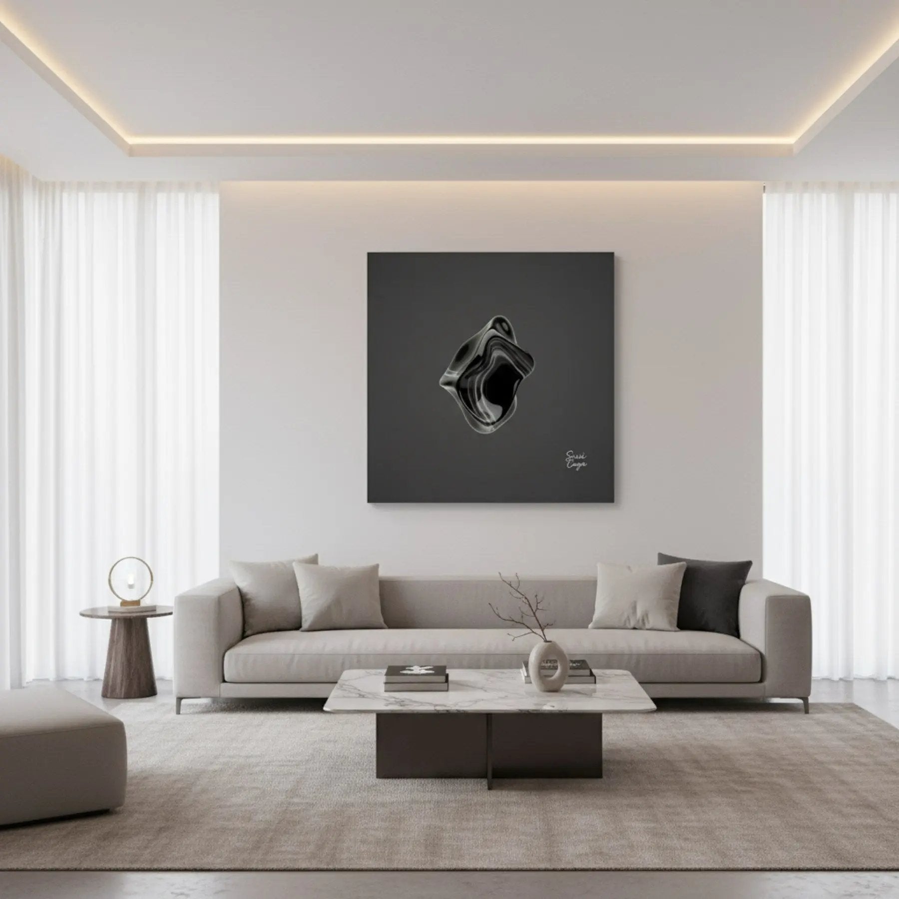 Energize — Black Onyx canvas in a modern living room, creating a sophisticated atmosphere.