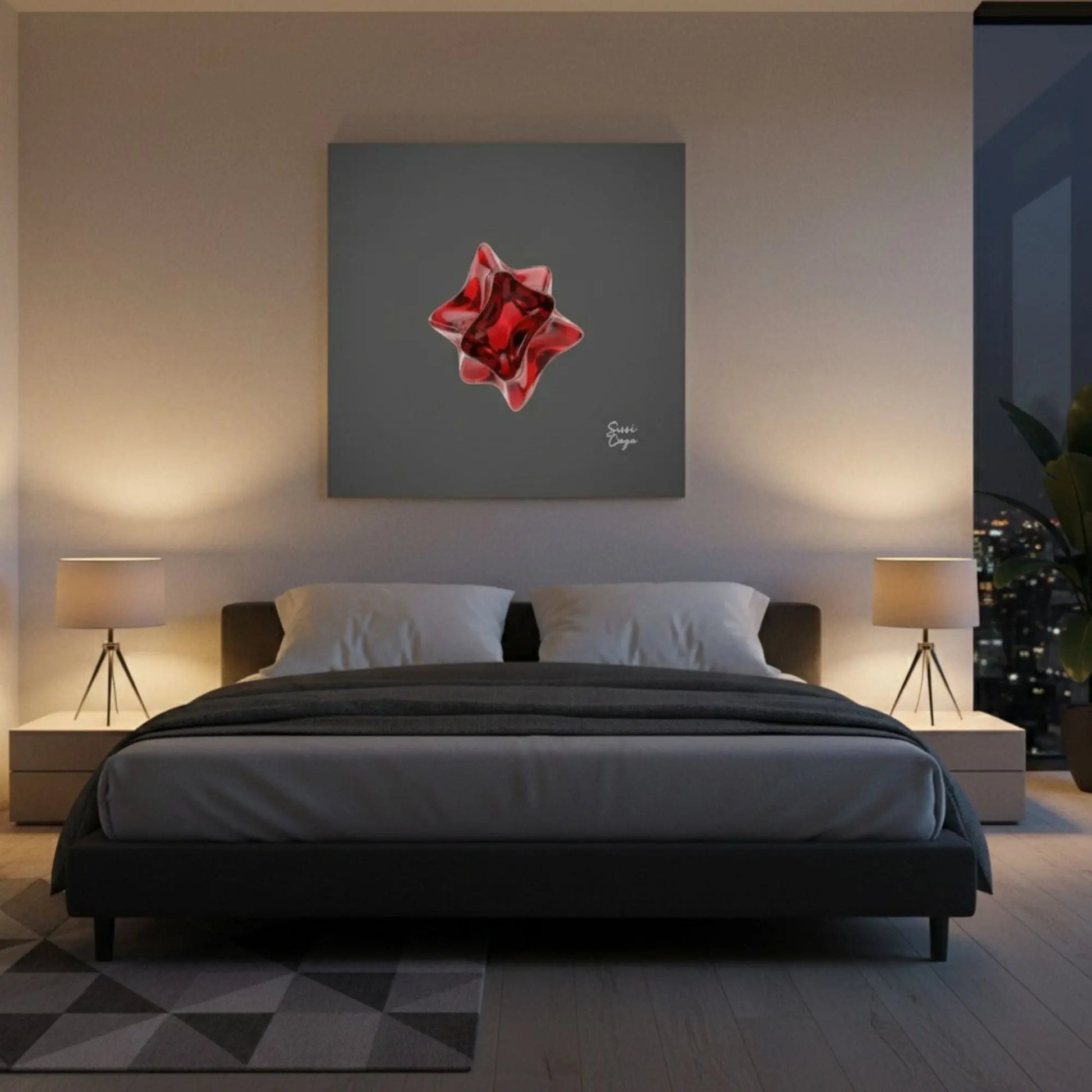 Energize Garnet limited edition abstract canvas in a peaceful bedroom, enhancing passion and life energy.