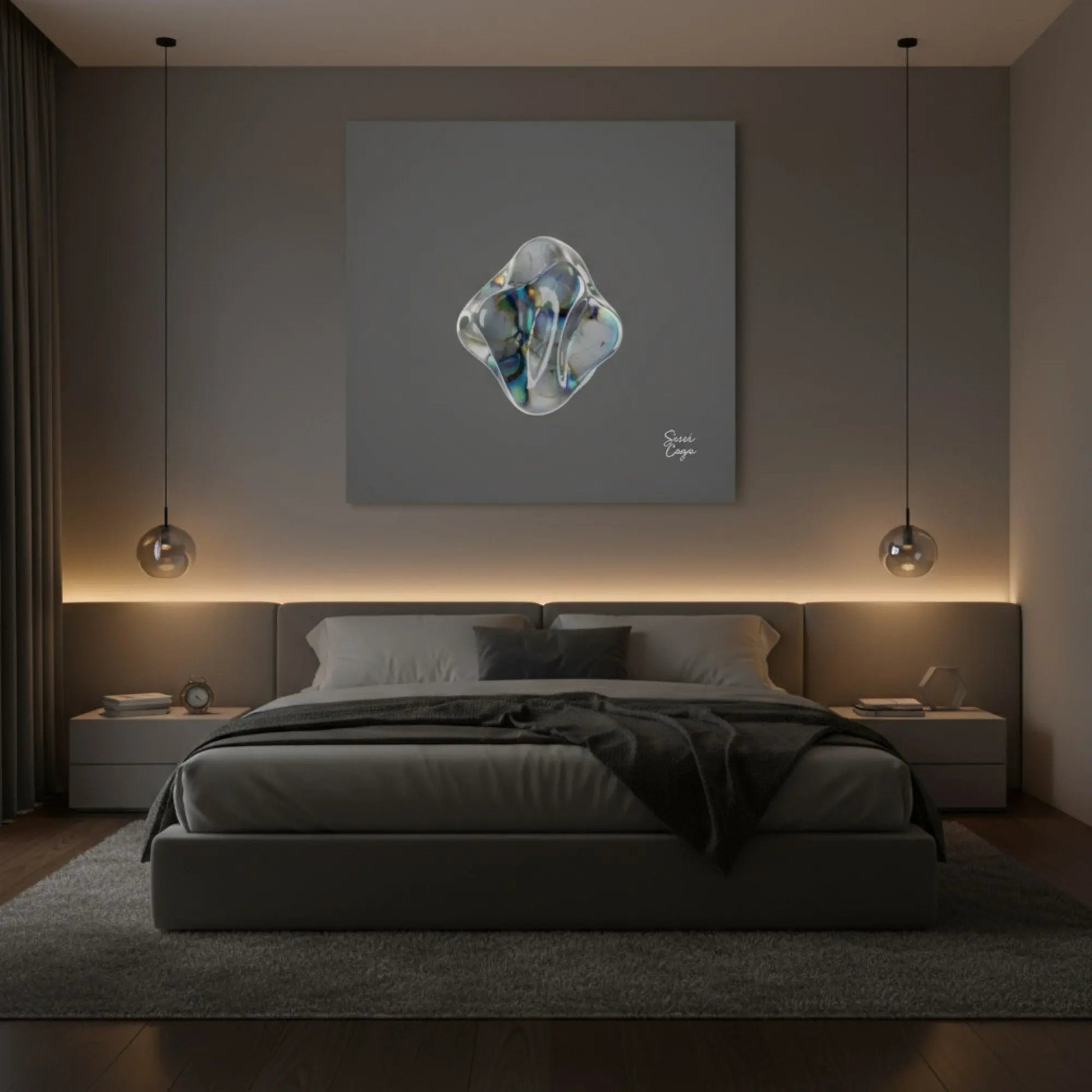 Energize Labradorite canvas displayed in a serene bedroomroom, radiating energy of transformation and intuitive balance. Sensorial Atelier Limited Editions