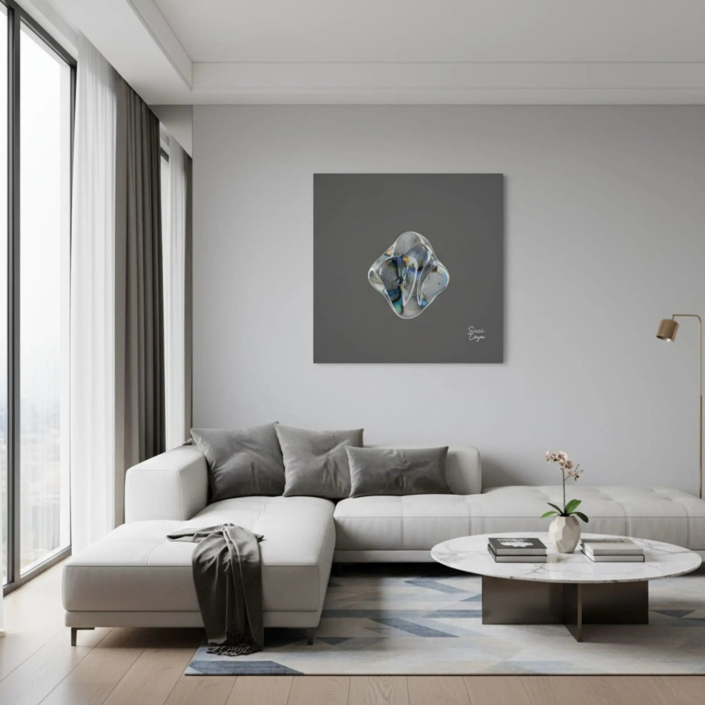Energize  Labradorite canvas displayed in a serene living room, radiating energy of transformation and intuitive balance. Snsorial Atelier Limited Editions.