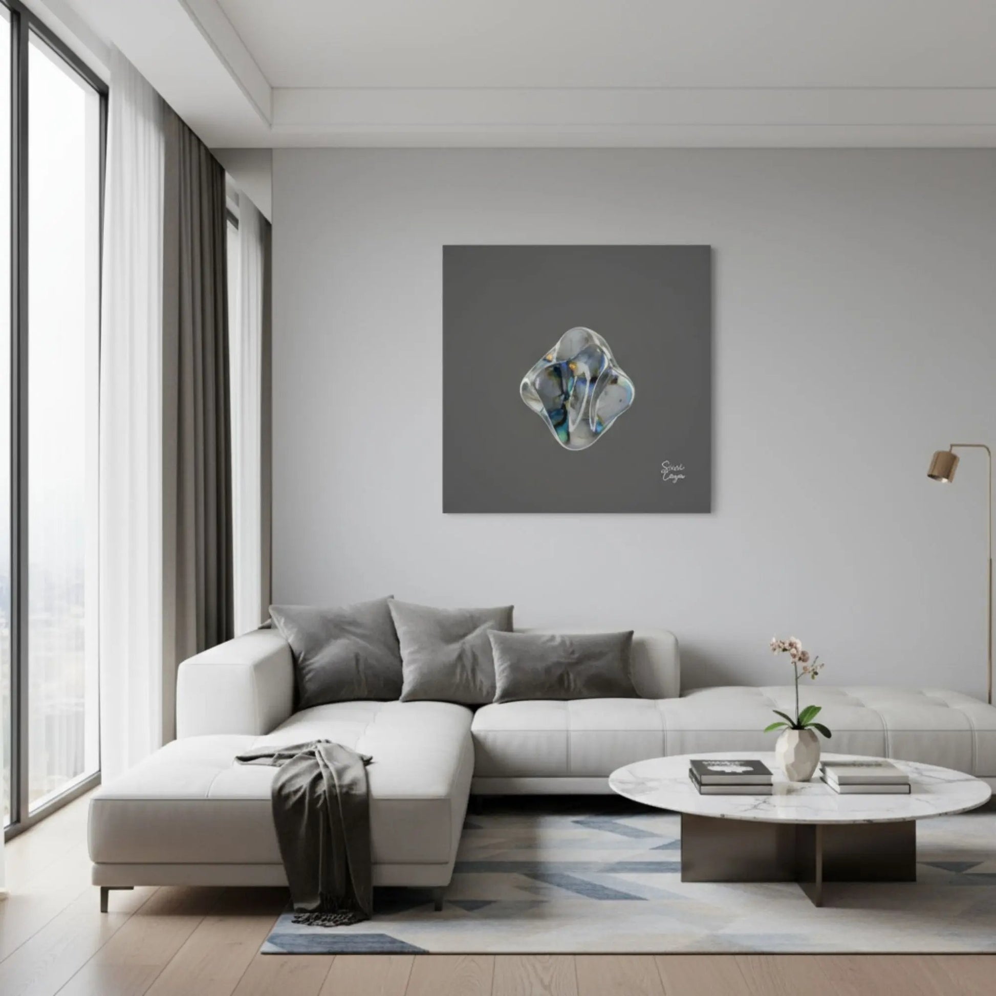 Energize  Labradorite canvas displayed in a serene living room, radiating energy of transformation and intuitive balance. Snsorial Atelier Limited Editions.