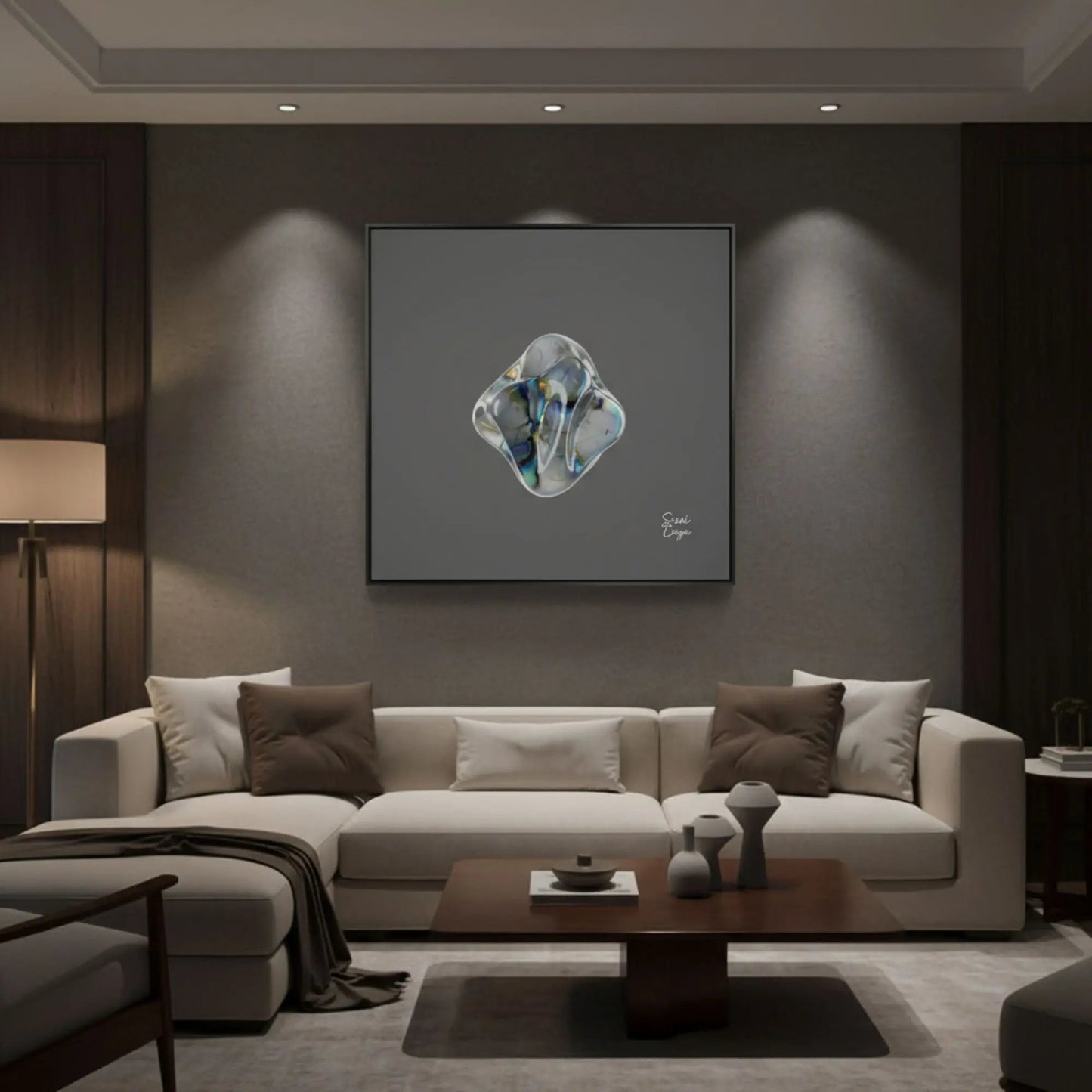 Energize  Labradorite canvas displayed in a living room at night, radiating energy of transformation and intuitive balance. Snsorial Atelier Limited Editions.