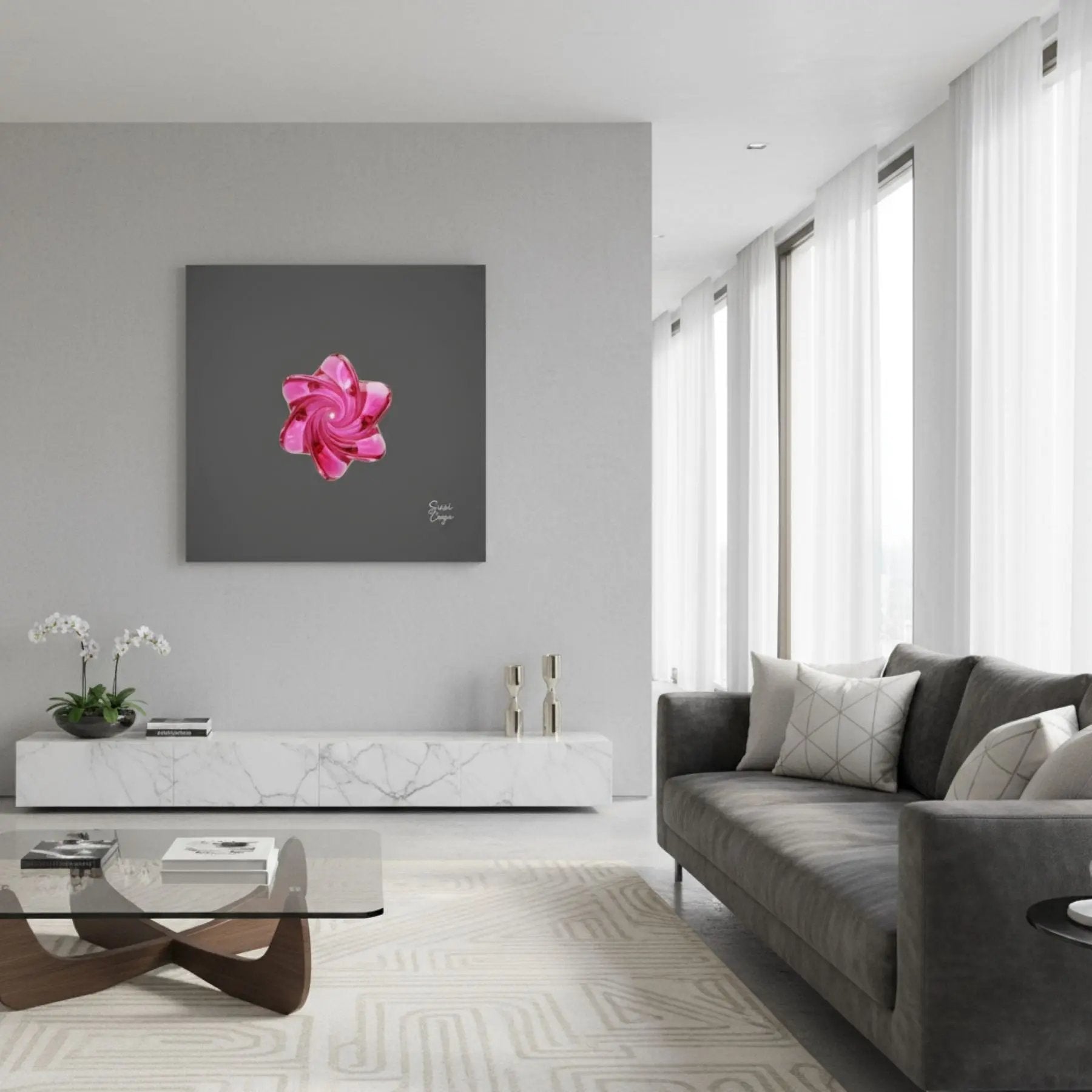 Energize  Pink Tourmaline limited edition canvas artwork displayed in a bright living room, radiating love, compassion, and gentle emotional warmth.