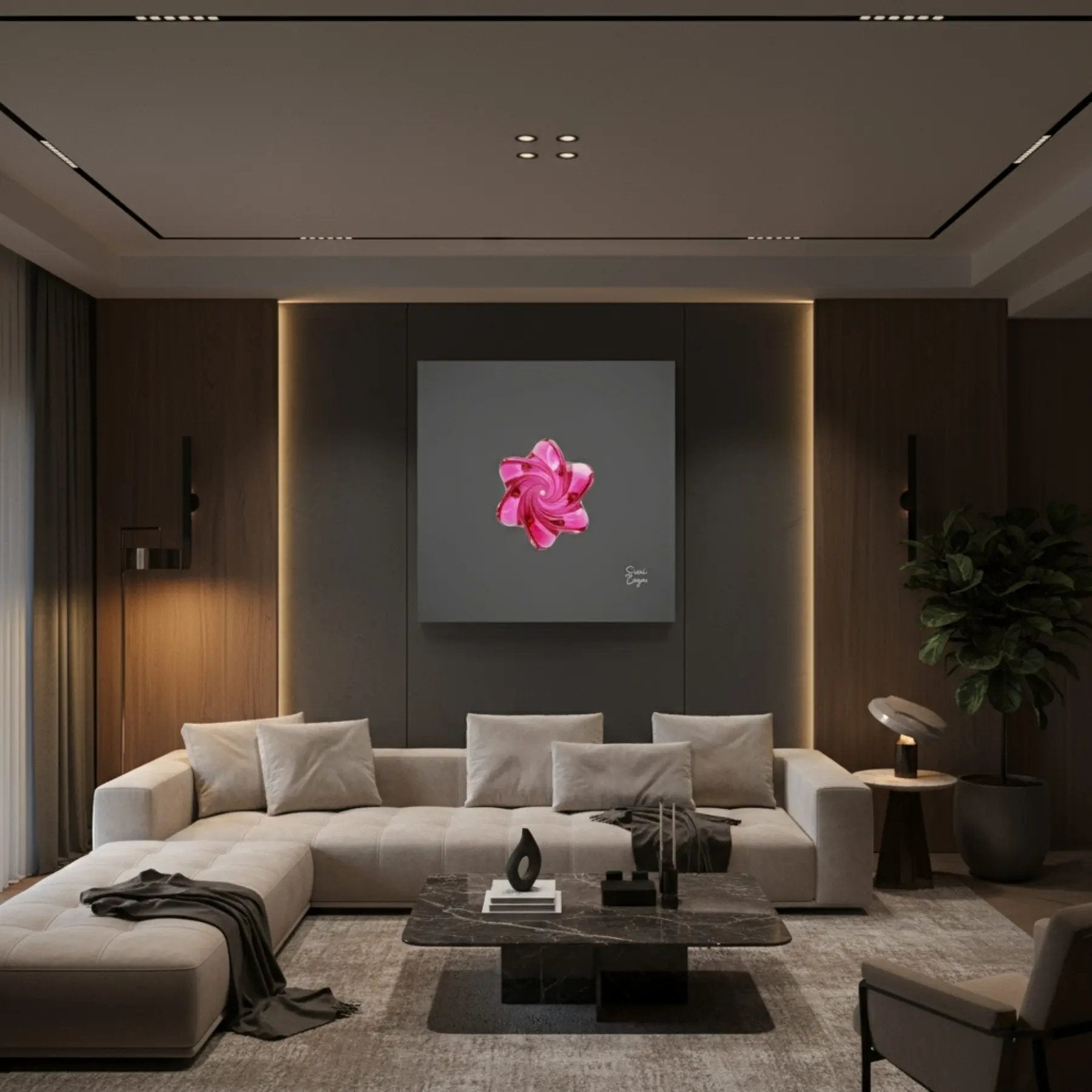 Energize  Pink Tourmaline limited edition canvas Artwork displayed in a cozy evening setting, its soft pink and rose tones creating a warm, loving ambiance.