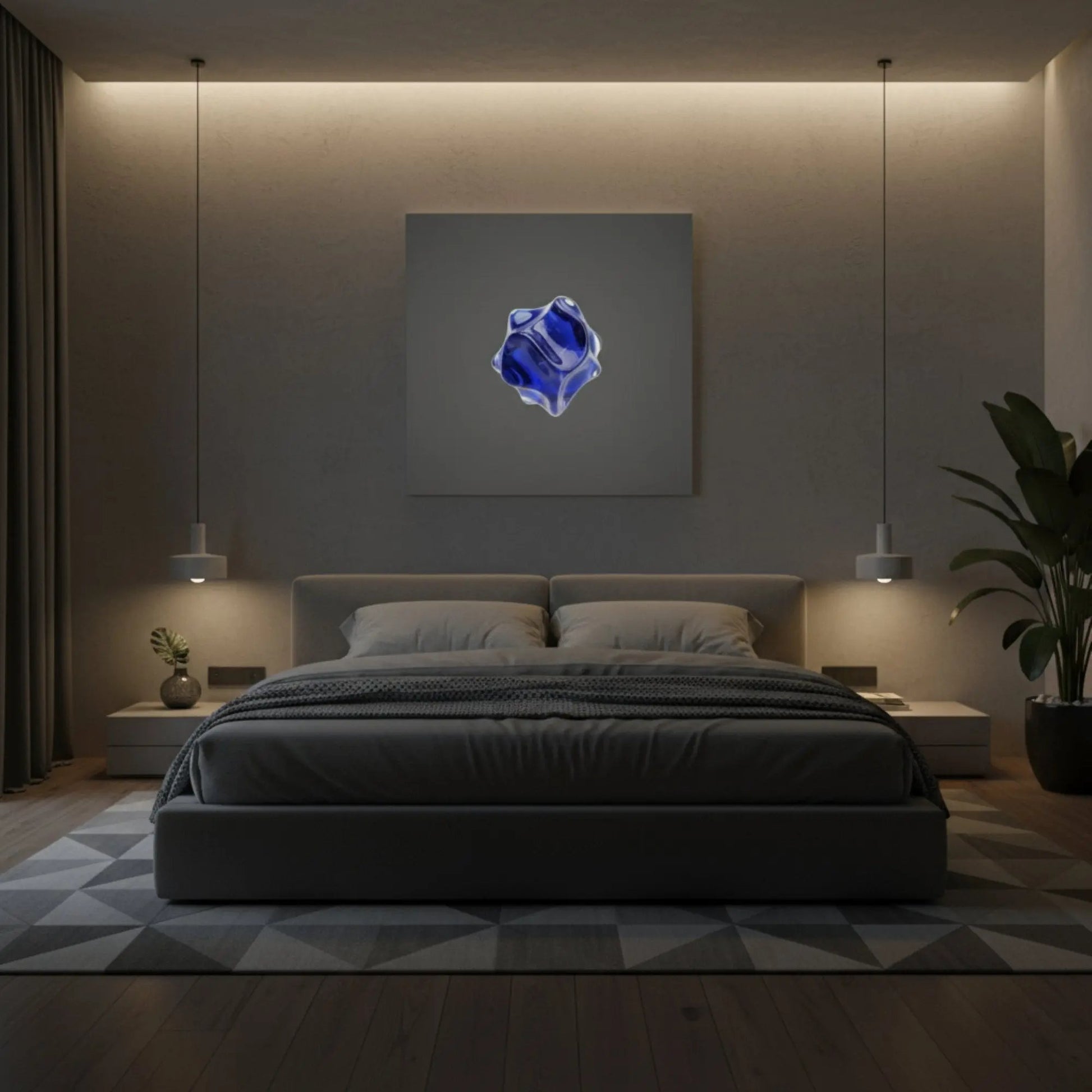 Energize  Kyanite canvas in a serene bedroom, inviting intuitive thinking and balanced energy. Limited Editions Sensorial Atelier
