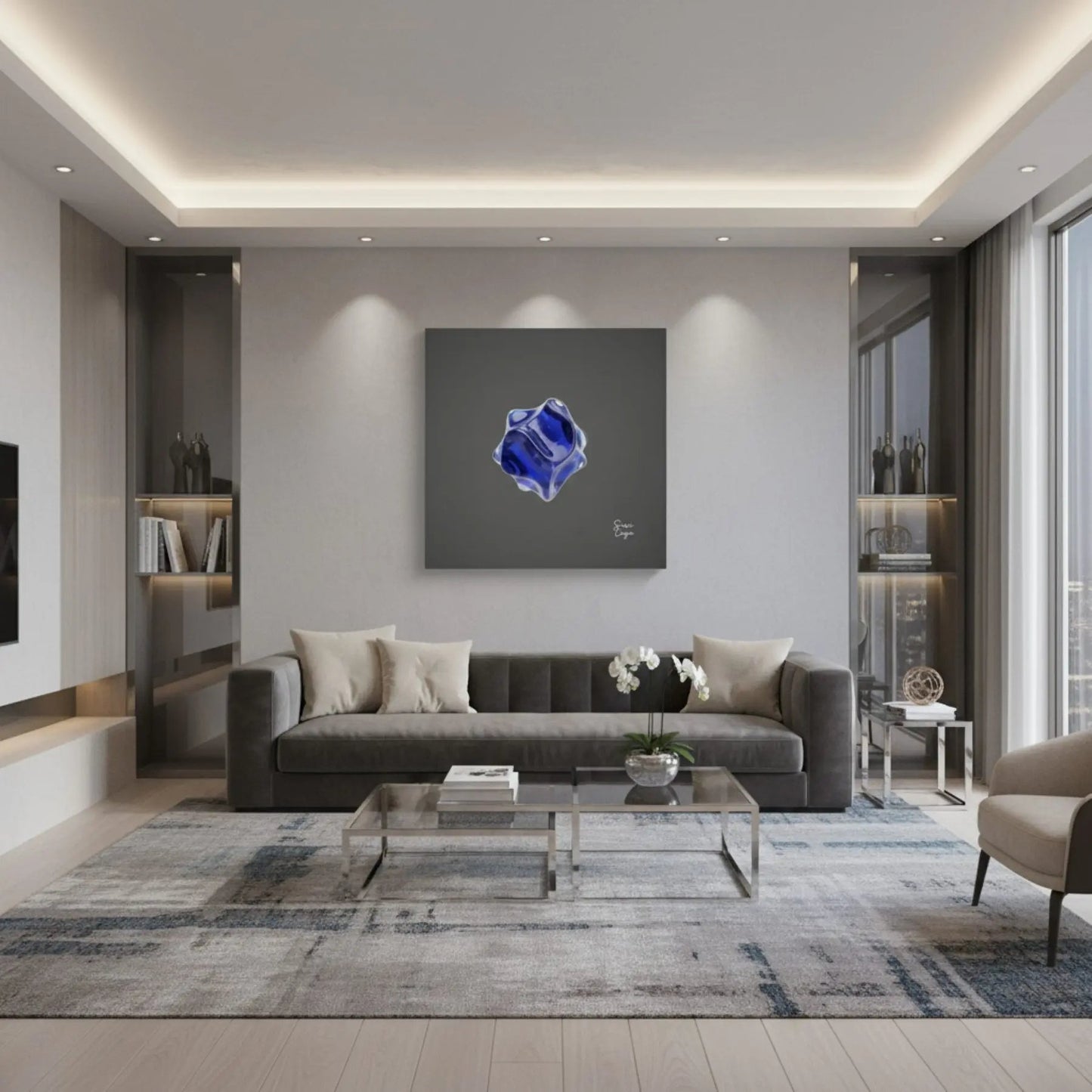 Energize Kyanite canvas displayed in a calm living room, enhancing the atmosphere of focus and inner clarity. Limited Edition Sensorial Atelier