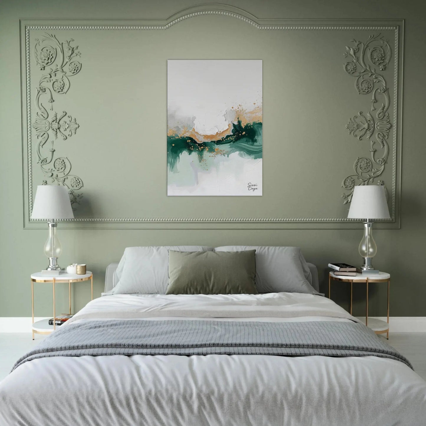 Abstract wall art in gold and green tones, representing abundance by Sissi Caya displayed in a bedrooom