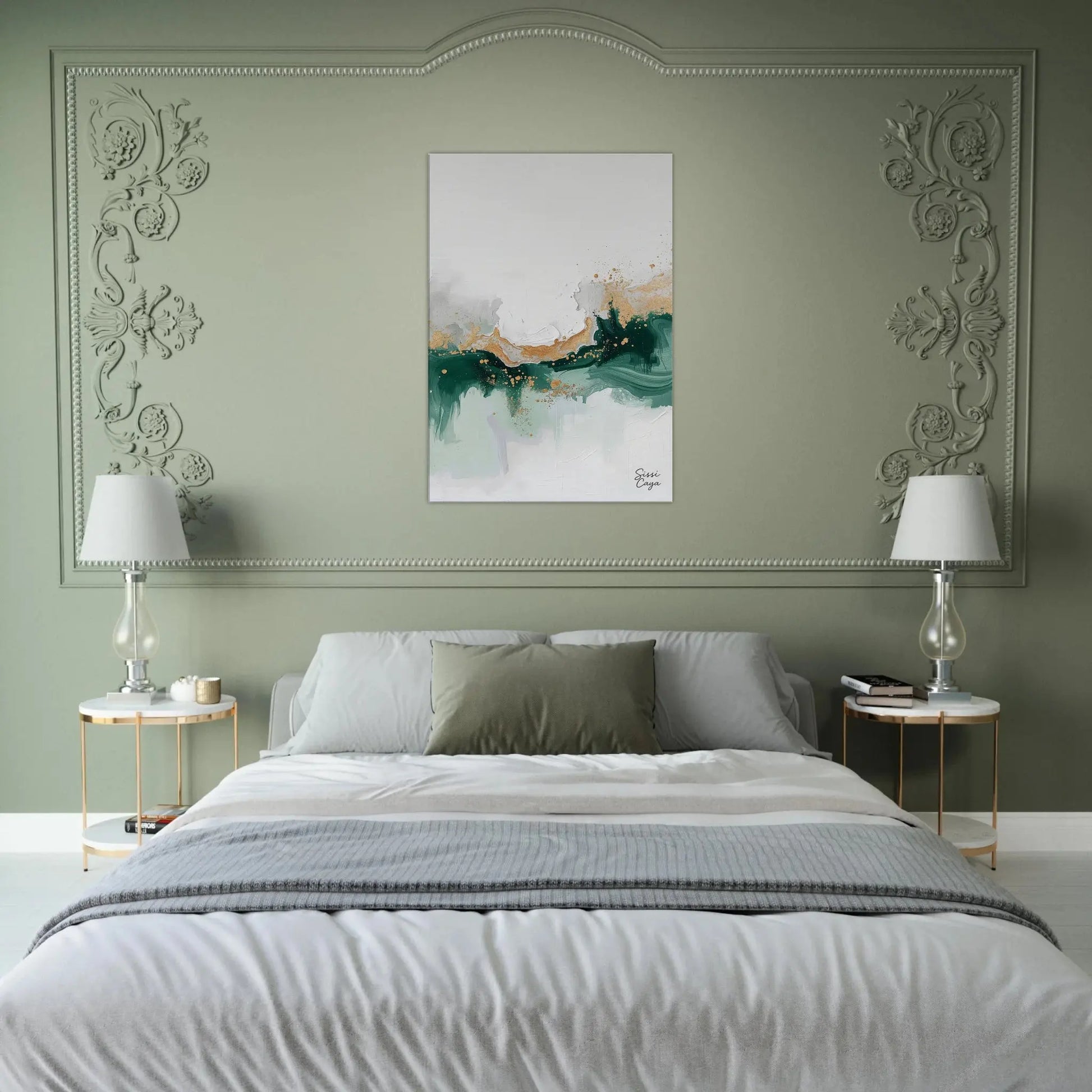Abstract wall art in gold and green tones, representing abundance by Sissi Caya displayed in a bedrooom
