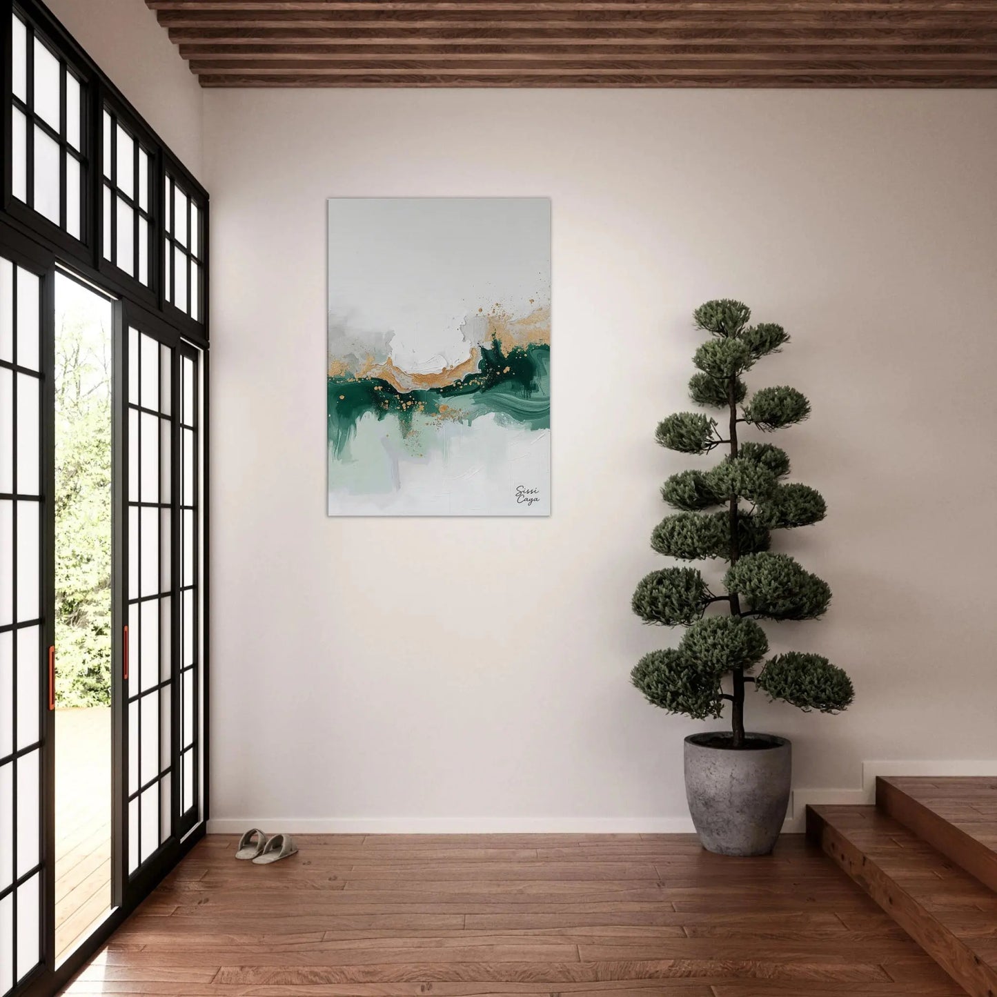 Feel Abundance abstract wall art in green and gold tones displayed in entrance wall