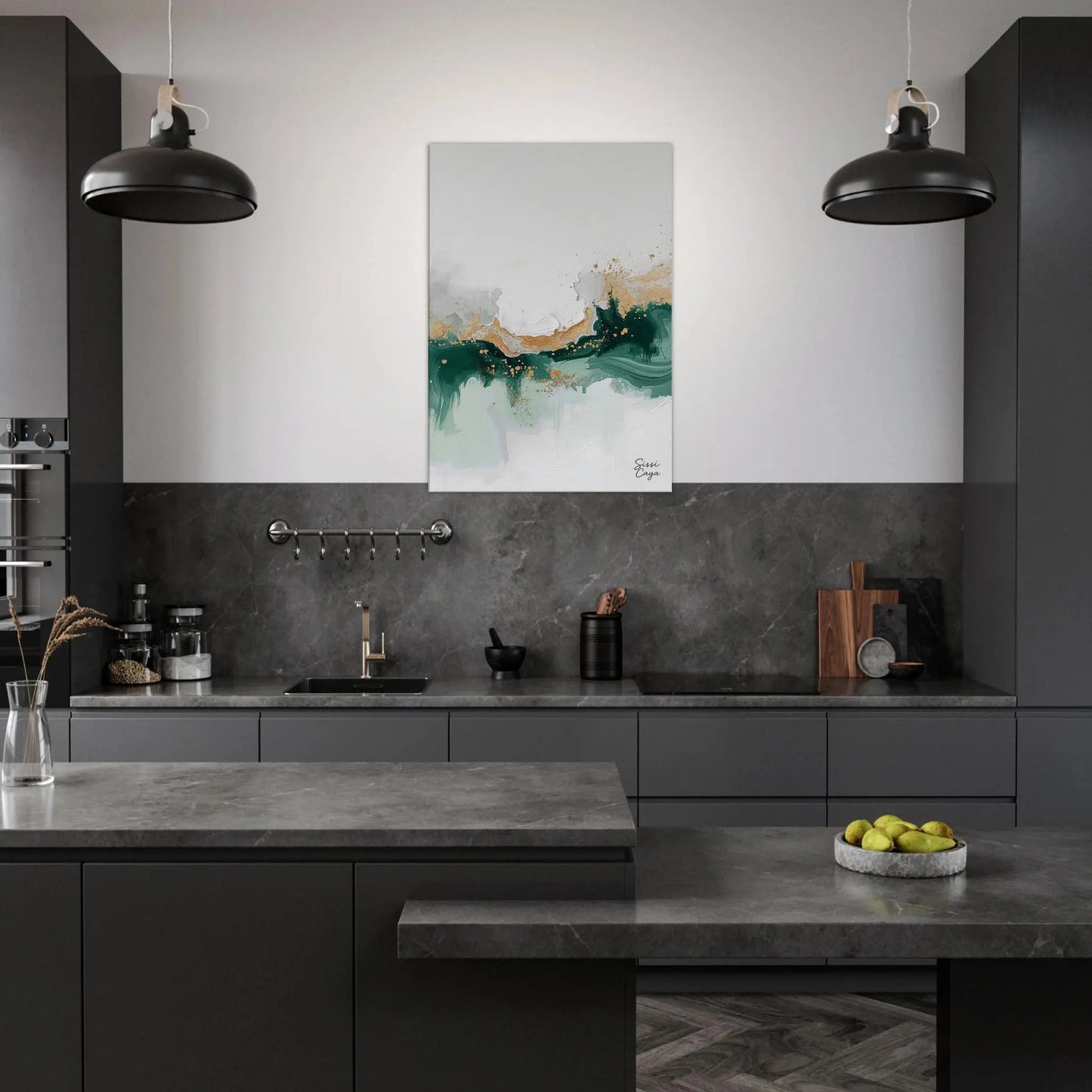 Abstract artwork with gold and green tones representing abundance, limited edition fine art print by Sissi Caya kitchen displayed