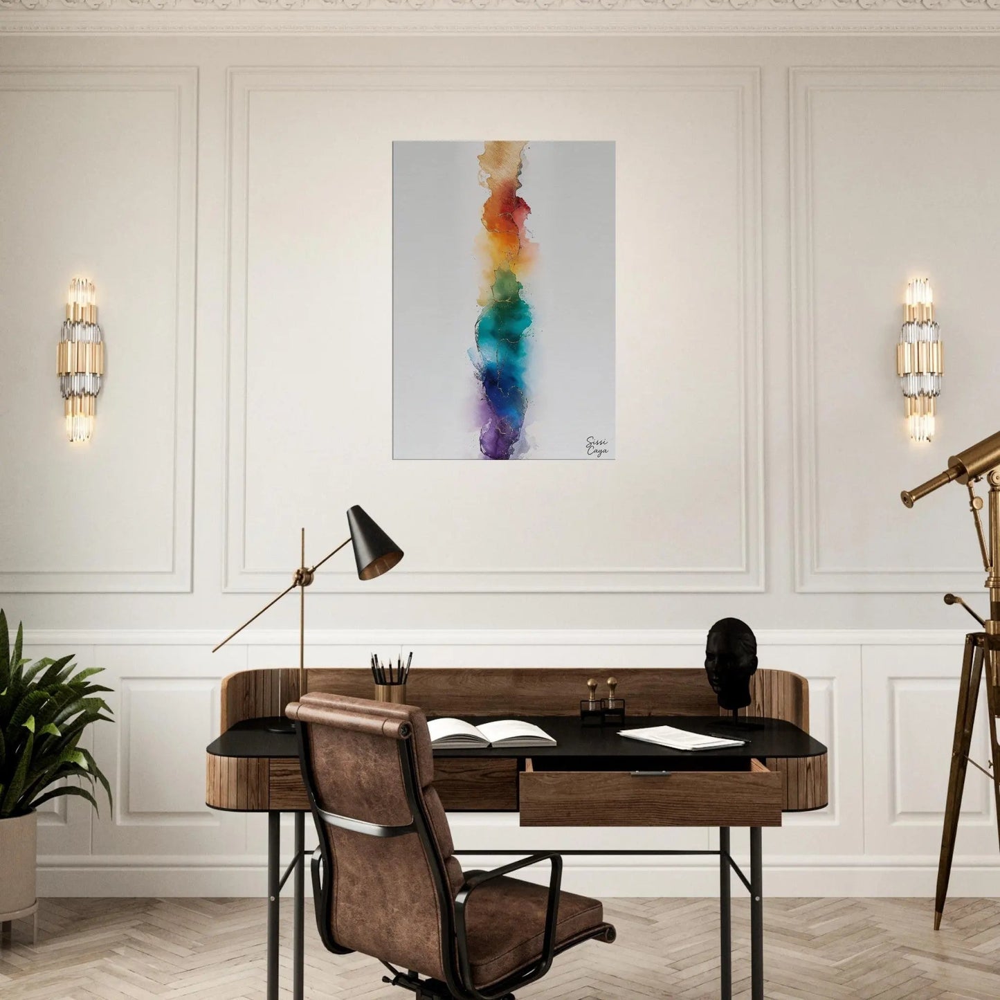 Feel Alignment abstract wall art with chackras colours displayed in office room