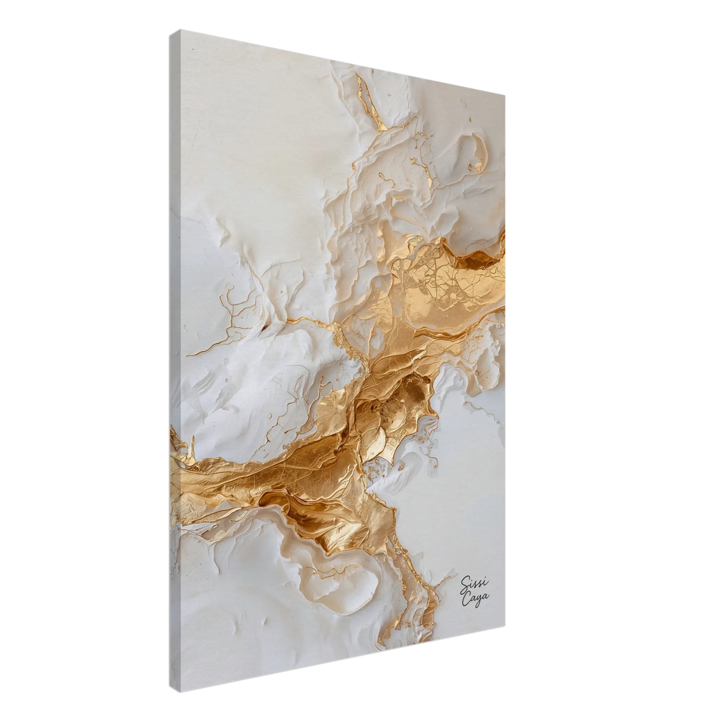 Side view of minimalist white and gold abstract artwork reflecting serenity and inner calm, fine art print by Sissi Caya.