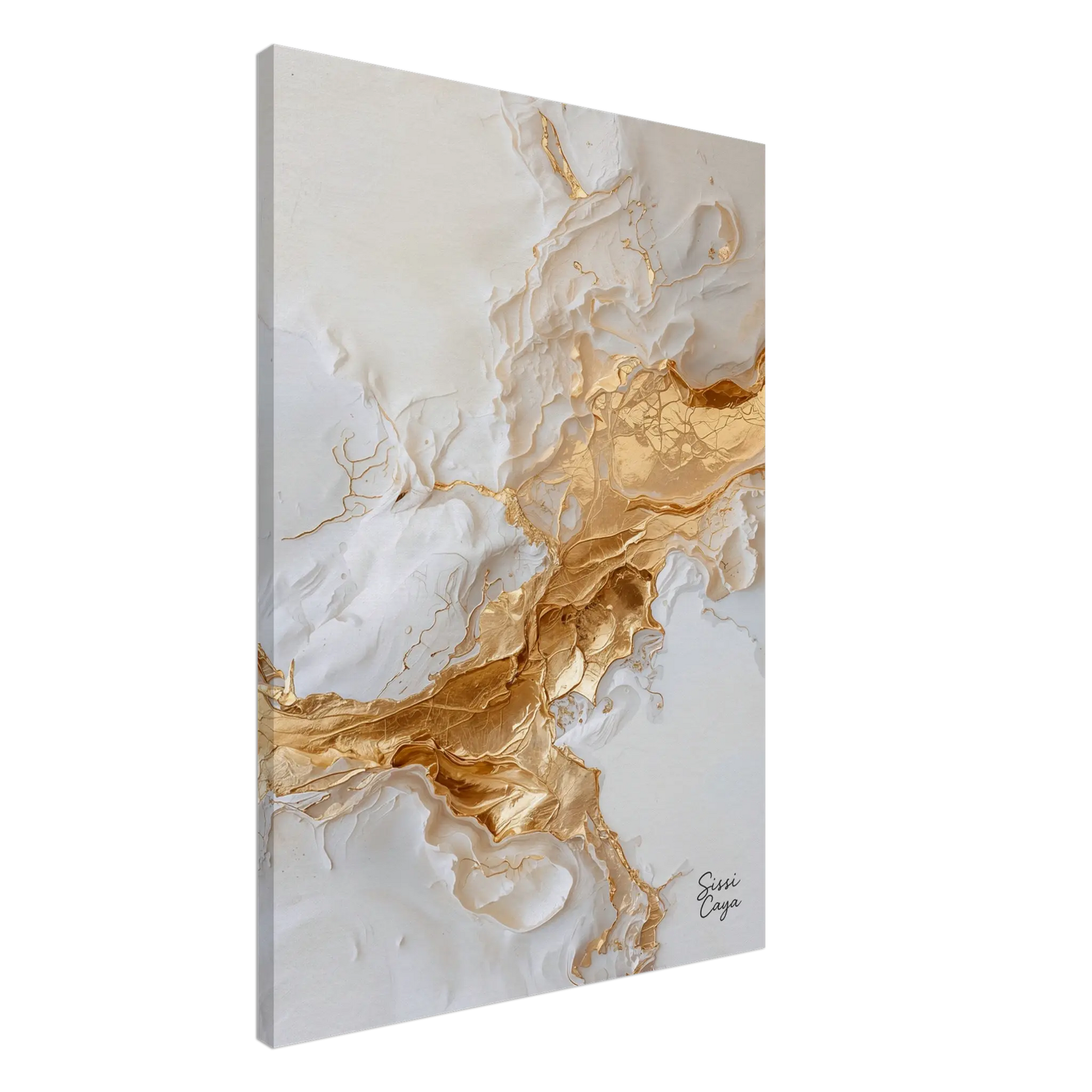 Side view of minimalist white and gold abstract artwork reflecting serenity and inner calm, fine art print by Sissi Caya.