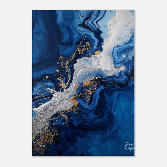 Abstract wall art in blue, silver and gold tones, sensorial art, limited editions by Sissi Caya