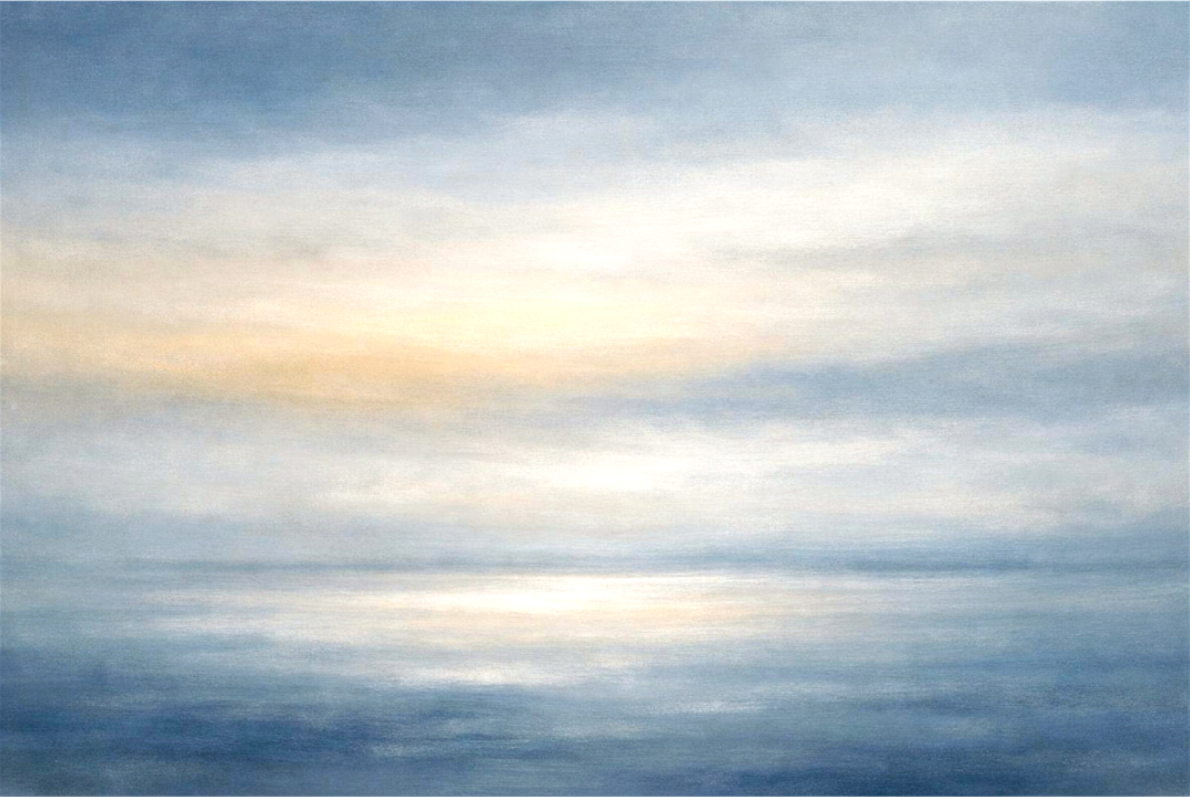 Golden Light | Atlantic Horizon Silver-blue oceanic horizon with golden light. Serene abstract seascape on museum-quality canvas. Exclusive edition for spas, wellness spaces, premium bedrooms and residential interiors.