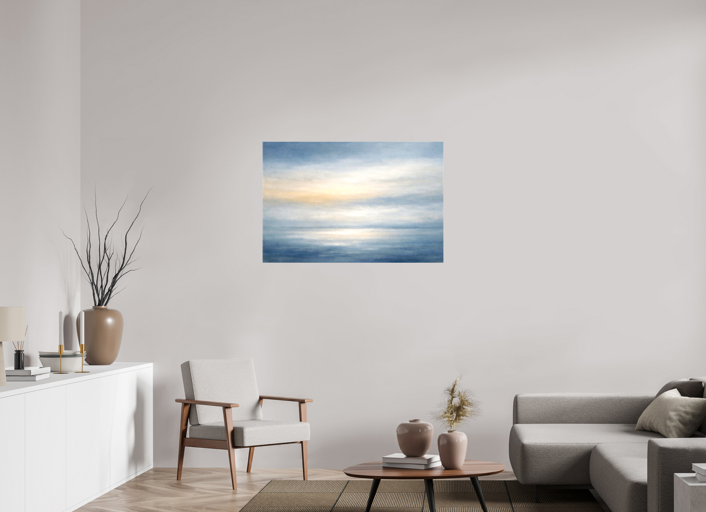 Golden Light | Atlantic Horizon Silver-blue oceanic horizon with golden light in Living RoomSerene abstract seascape on museum-quality canvas. Exclusive edition for spas, wellness spaces, premium bedrooms and residential interiors.