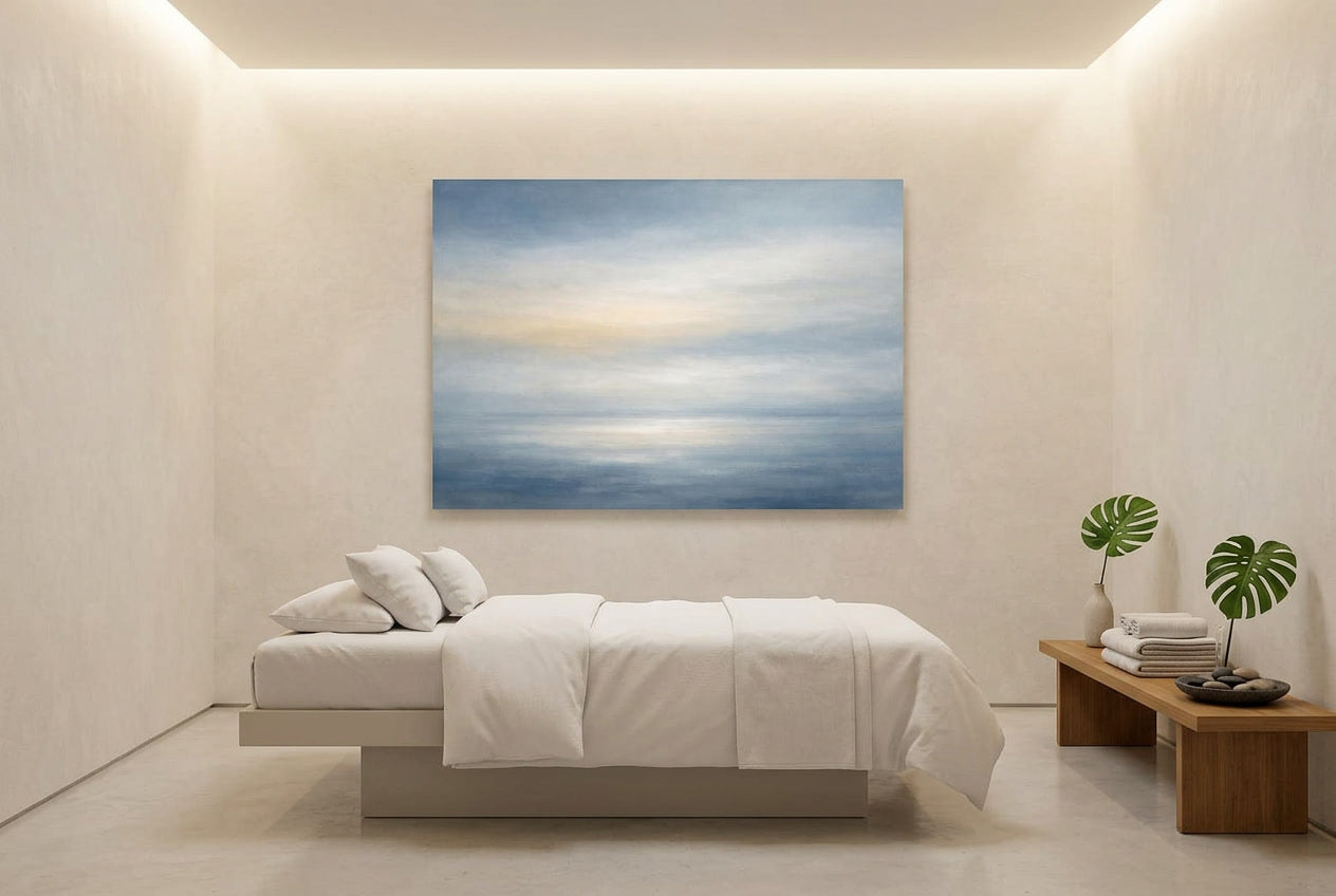 Golden Light | Atlantic Horizon Silver-blue oceanic horizon with golden light in Hotel Spa. Serene abstract seascape on museum-quality canvas. Exclusive edition for spas, wellness spaces, premium bedrooms and residential interiors.
