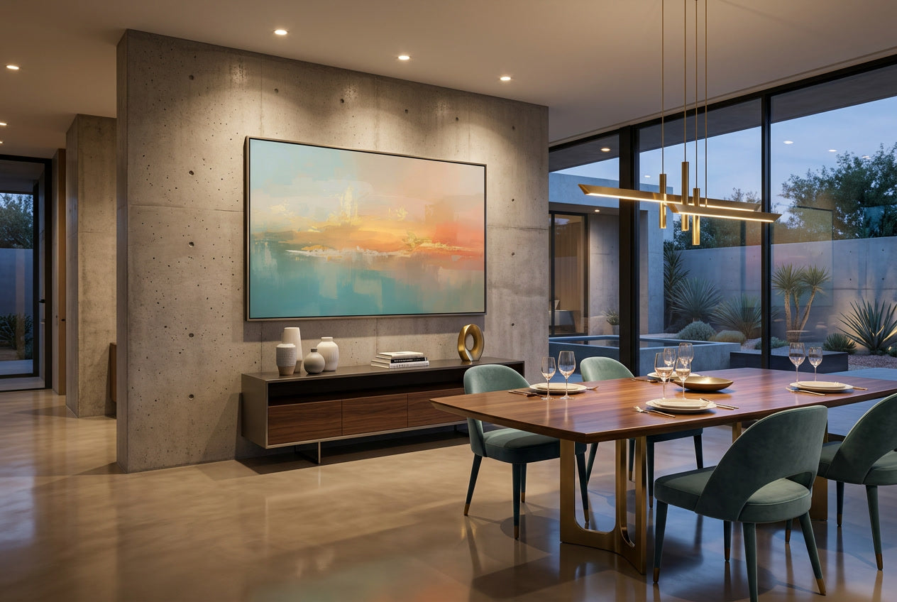 Golden Stillness on a modern dinig room coastal Vllla