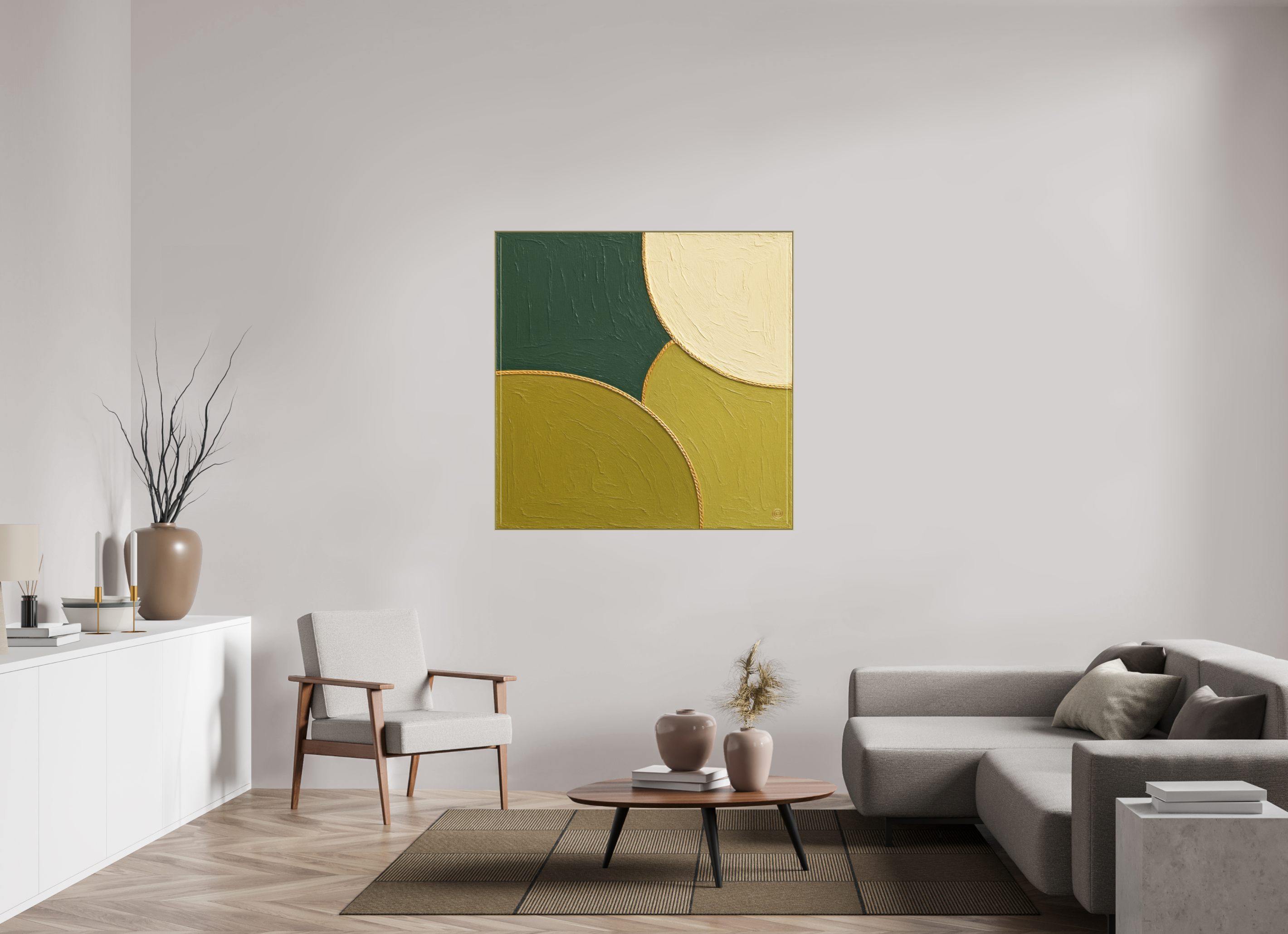 120 x 120 cm, Aluminium ArtBox Gold 50mm | Fine Art Pigment Print | 2mm Acrylic Glass Matte Grounded Green Square