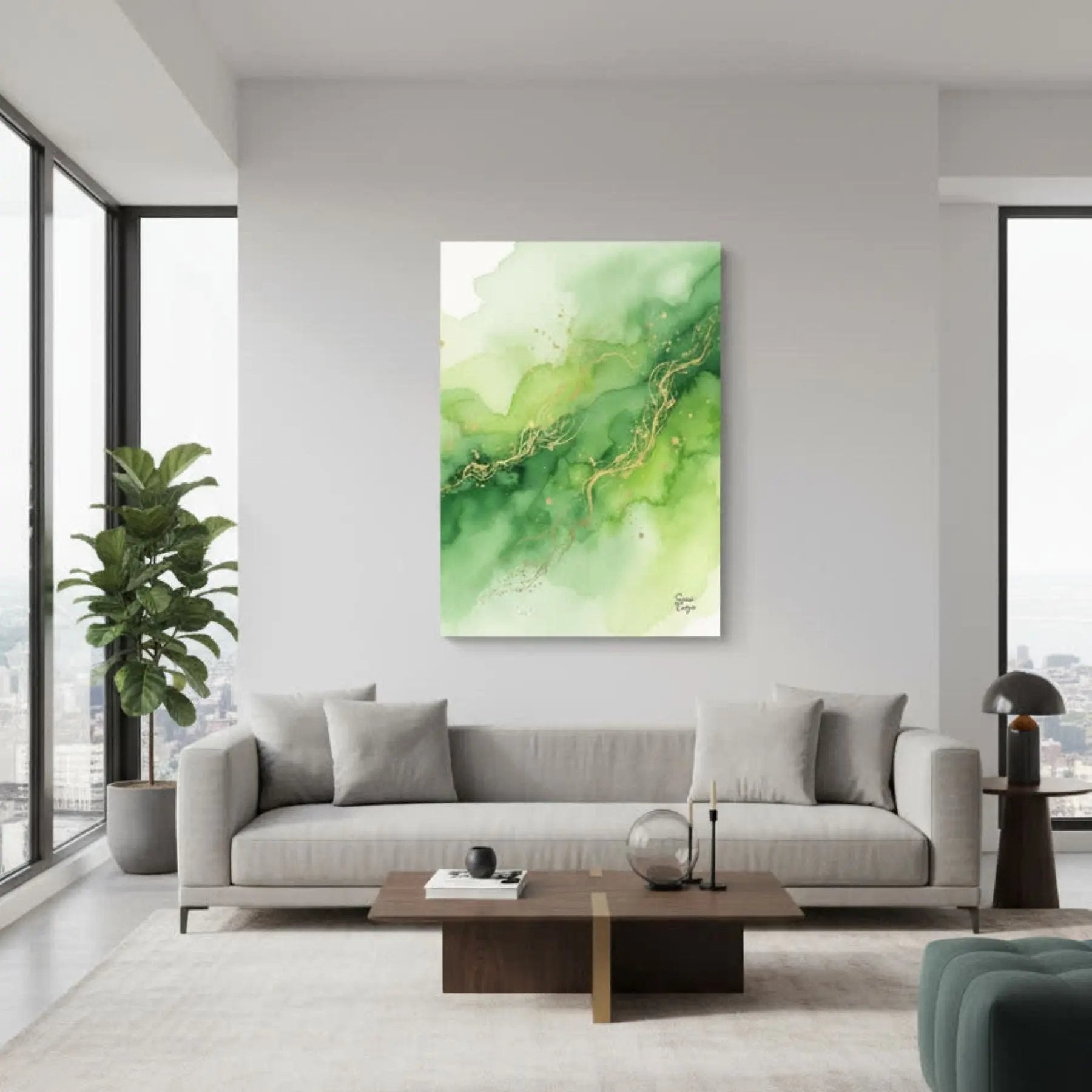 Inner Peace Green Breeze limited edition canvas in a modern living room, abstract art bringing balance, calm, and a touch of nature-inspired energy.