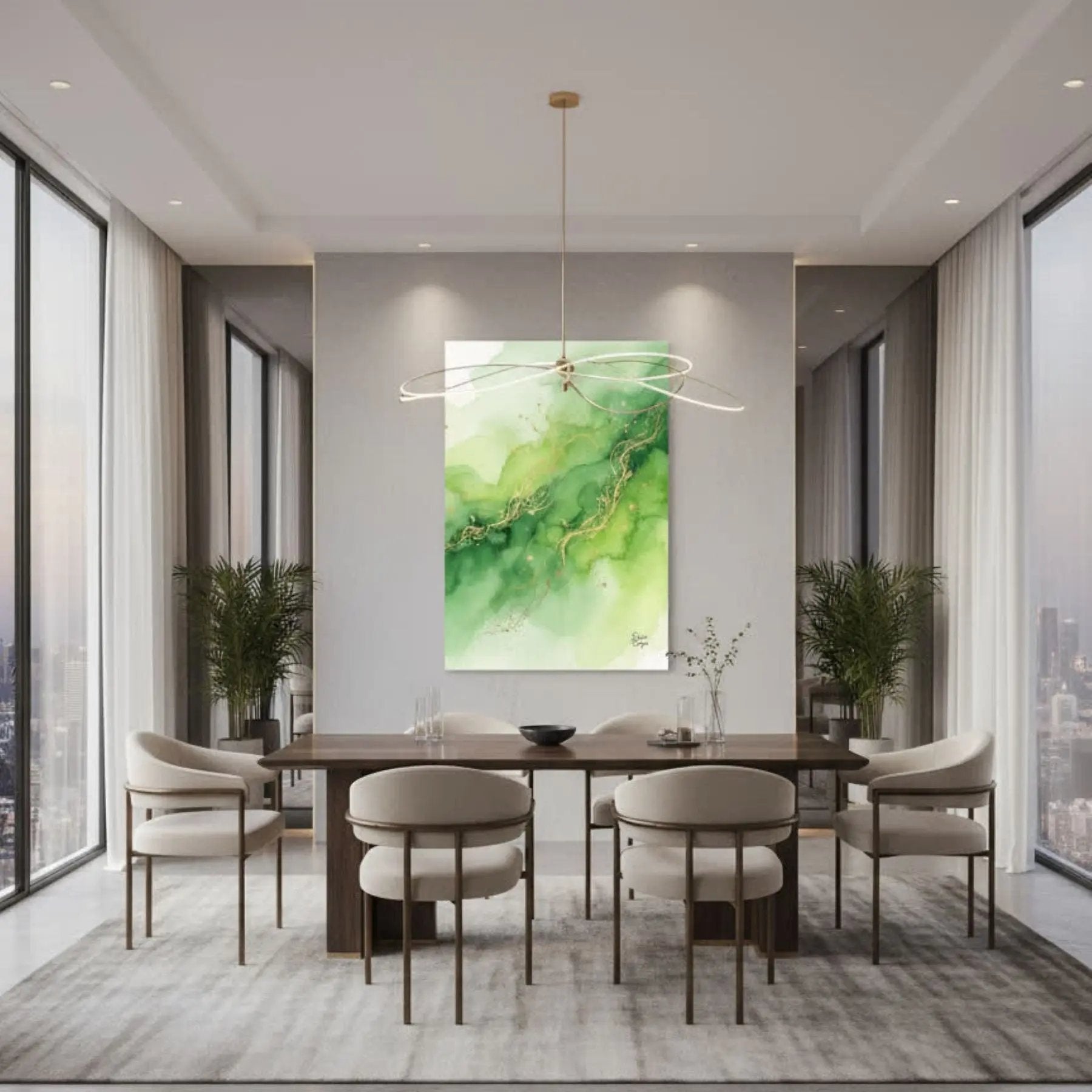 Inner Peace Green Breeze limited edition abstract canvas in a refined dining room, creating an atmosphere of serenity and organic elegance.