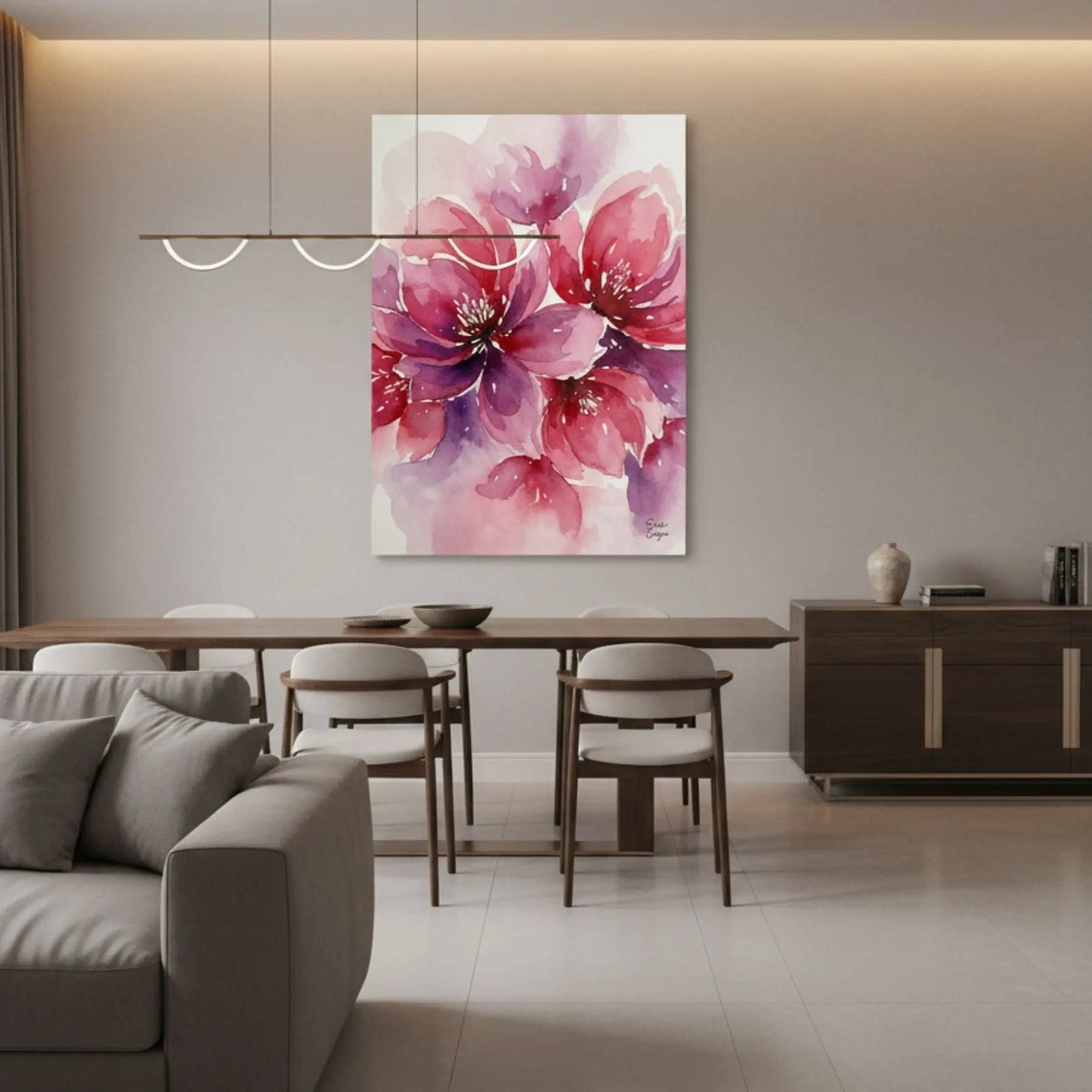 Inner Peace Pink Harmony limited edition canvas in an elegant dinning room, abstract art radiating calm and balance.