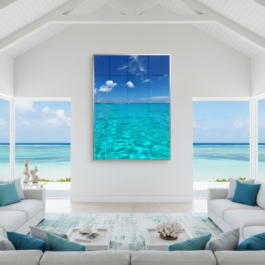 Lankanfinolhu Azure Clarity fine art photograph displayed in modern beach house living room.