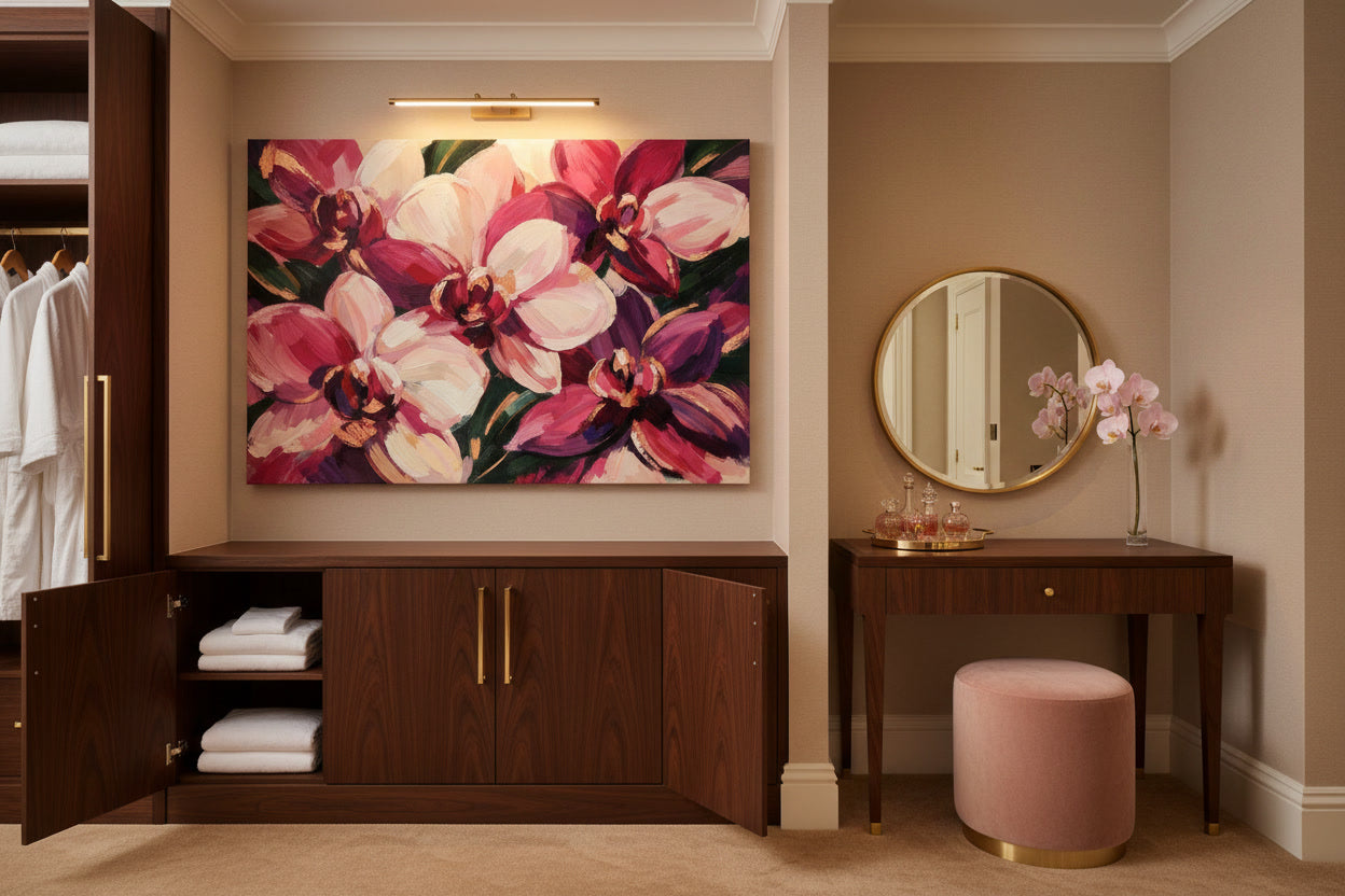 magenta orchids in hotel dressing room
