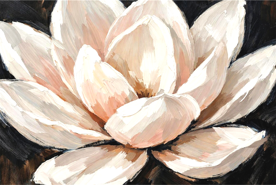 Main image Magnolia Noir.A single white magnolia glowing against deep black. Dramatic, sculptural, luminous. Statement piece for transitional spaces. Exclusive edition.