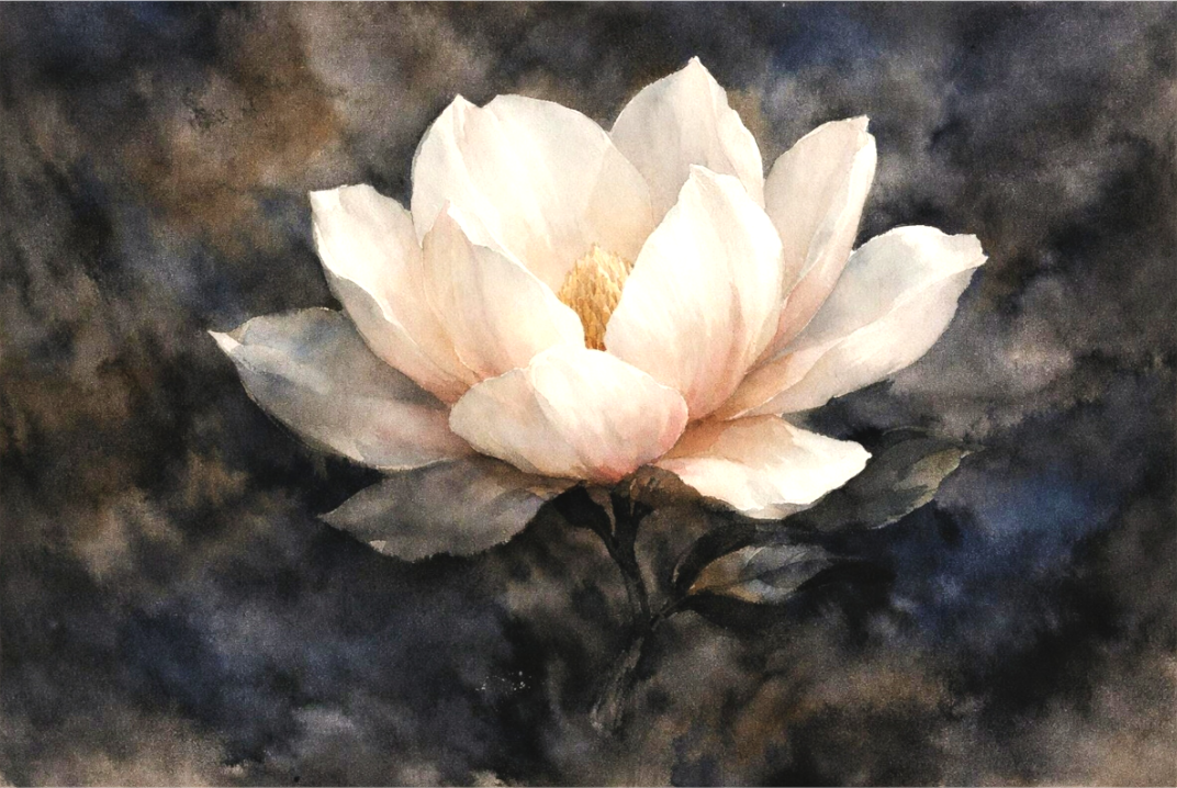 Main image Ghost MagnoliaA luminous white magnolia emerging from atmospheric darkness in layered watercolour. sensorial atelier