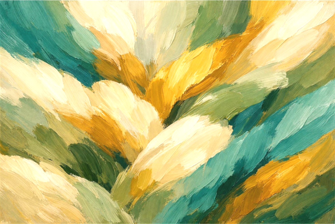 Golden Bloom — abstract painting with organic forms in golden yellow, emerald green and cream by Sensorial Atelier