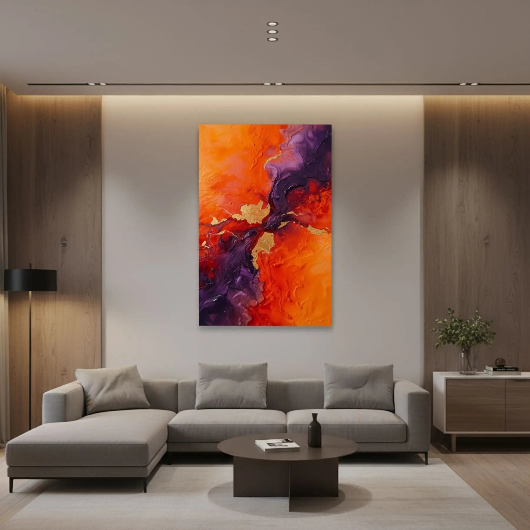 Manifest Creativity, abstract Artwork in Orange and violet tones, displayed on a modern living room, Limited Edition by Sensorial Atelier