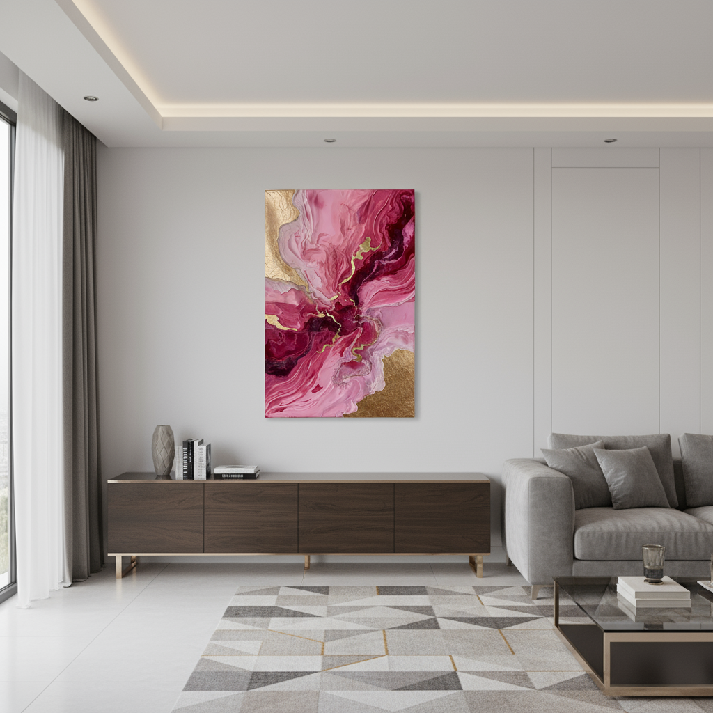 Manifest Love abstract  artwork in Pink tones dispalyed i a modern living room, limited edition by Sensorial Atelier
